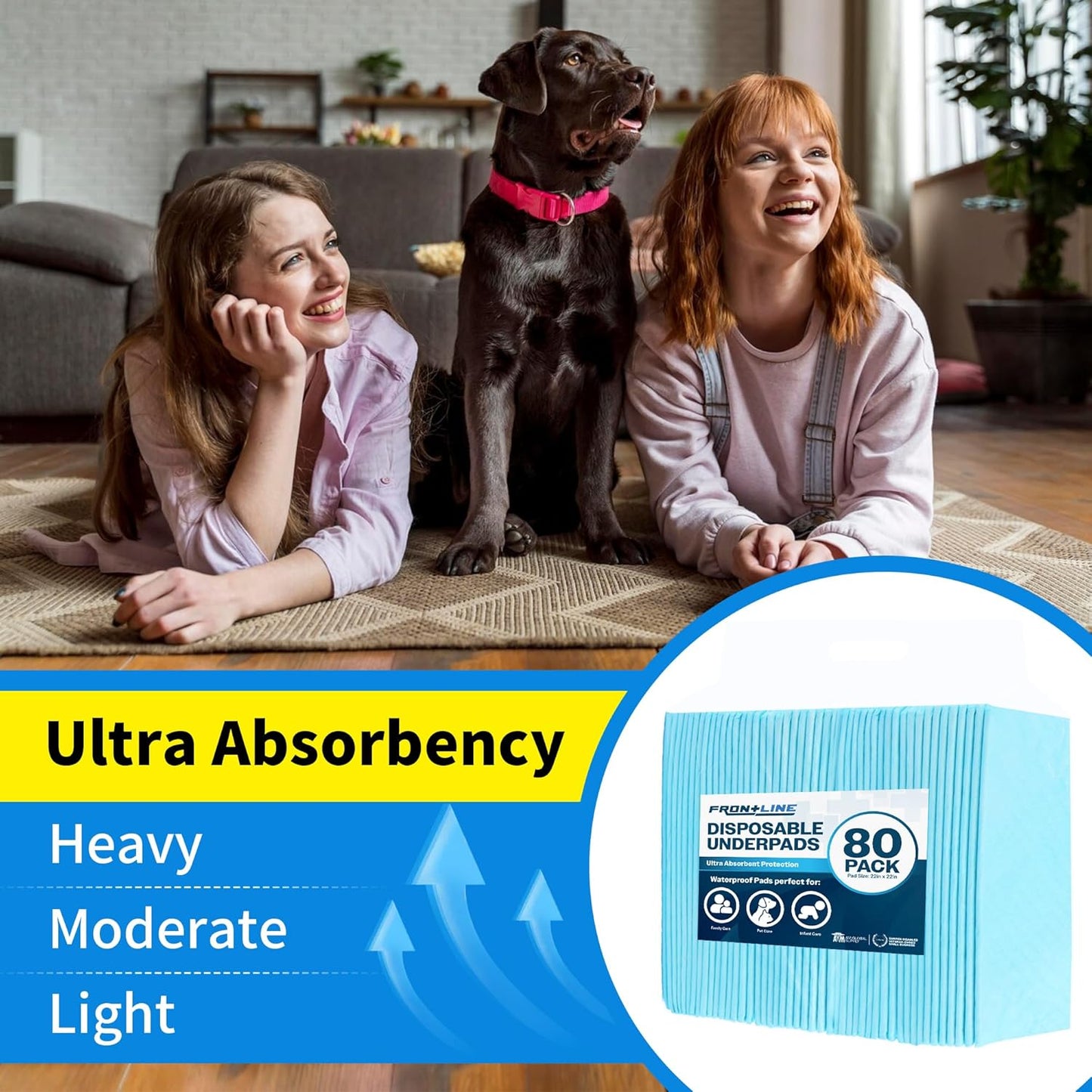 FRONTLINE Disposable Pee Pads 22'' X 22'' Ultra Absorbing Premium Heavy Duty Leakproof Underpads Puppy Essentials Pet Potty Training Wee Wee Pads Waterproof Protection for Dogs, Cats, Baby