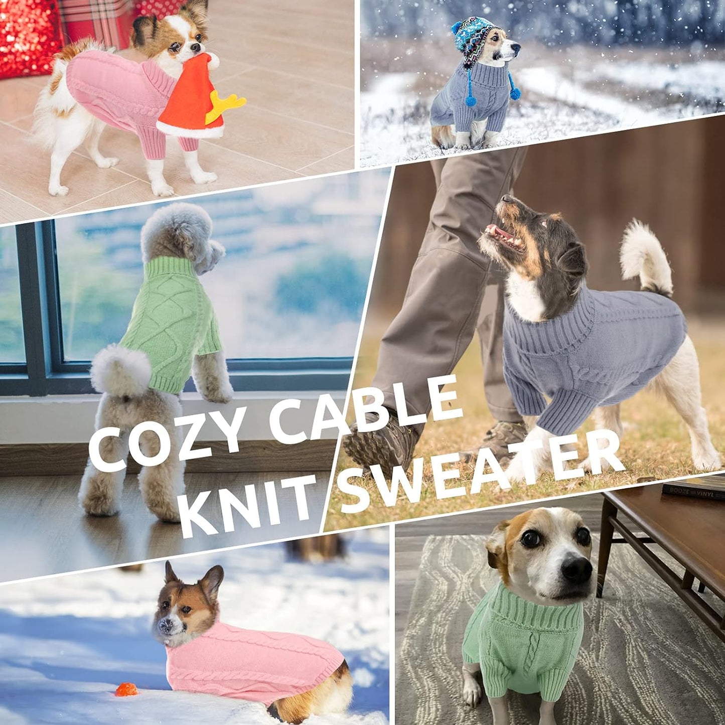 Queenmore Small Dog Pullover Sweater, Cold Weather Cable Knitwear, Classic Turtleneck Thick Warm Clothes for Chihuahua, Bulldog, Dachshund, Pug, Yorkie (Grey, X-Large)