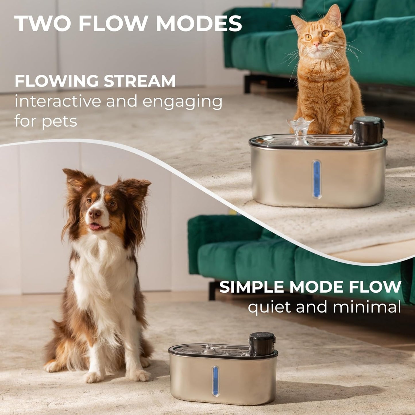 Wireless Cat Water Fountain Stainless Steel, 5200mAh Battery, Ultra Quiet, Automatic Pet Water Dispenser, 108oz/3.2L, Two Flow Modes, BPA-Free, Multi-Filtration, Includes 2 Filters - White