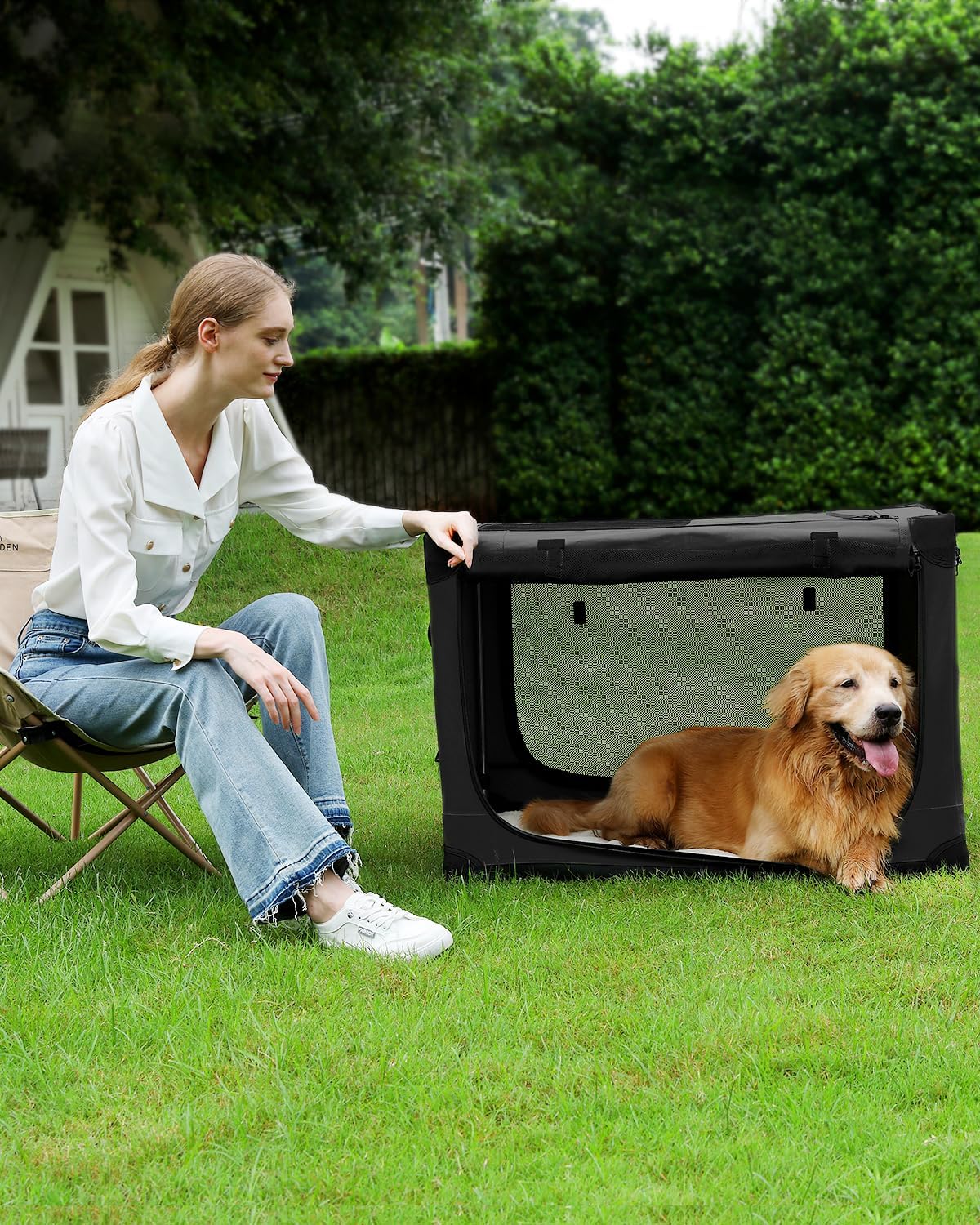 24 Inch Collapsible Travel Dog Crate for Medium Large Dogs, Portable Dog Crate 4-Door Foldable Soft Kennel with Durable Mesh Windows for Indoor & Outdoor Travel, with Storage Bag,Black