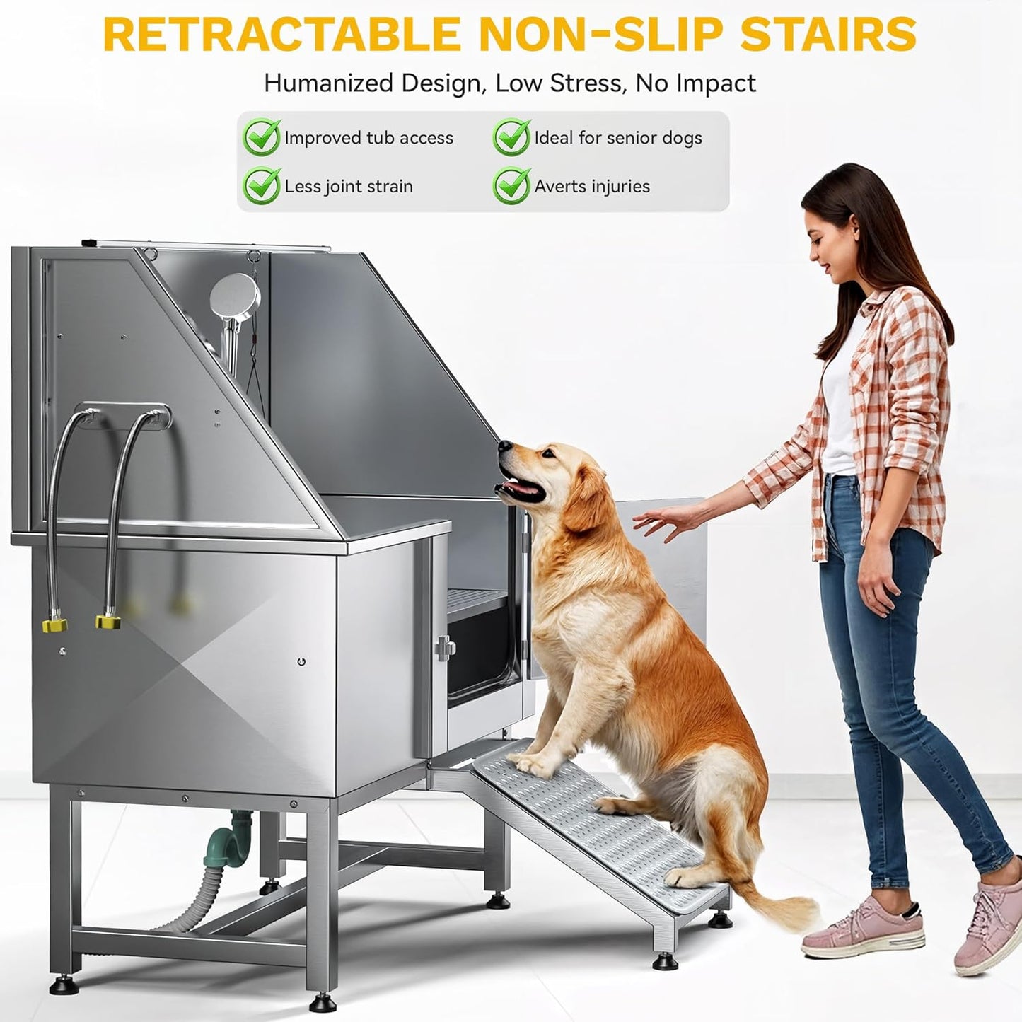 DWVO Professional Pet Dog Bathing Station for Grooming, 50'' Dog Grooming Bathtub with Right Ramp, Floor Grate, Faucet, Showerhead & Soap Holder for Large, Medium & Small Pets