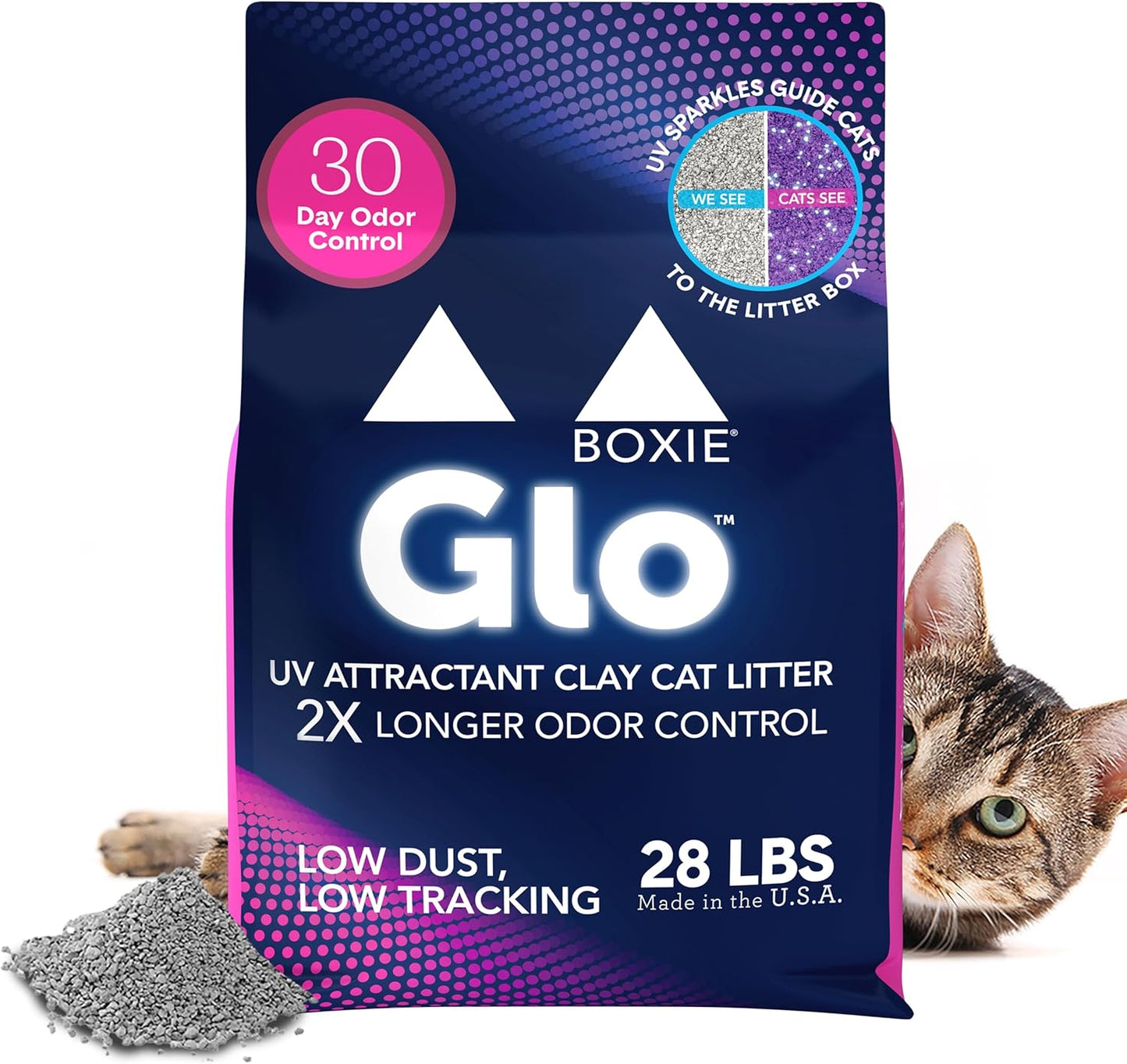 Boxie® Glo™ 30 Day Odor Control Clumping Clay Cat Litter, 28lb, Multi-Cat, 99.9% Dust-Free, Low Tracking, UV Light Attractant, Superior Clumping for Easy Scooping