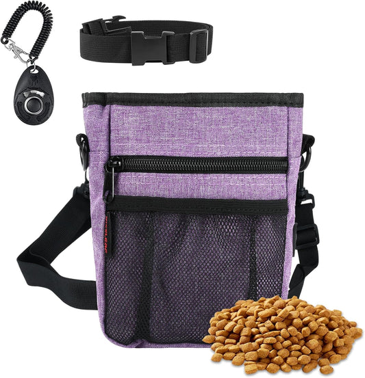 Dog Treat Pouches for Pet Training with Magnetic Closure Treat Pouches for Pet Training,Large Dog Treat Training Pouch and Dog Clicker,Training Treat Pouch Built-In Poop Bag Dispenser-Purple.