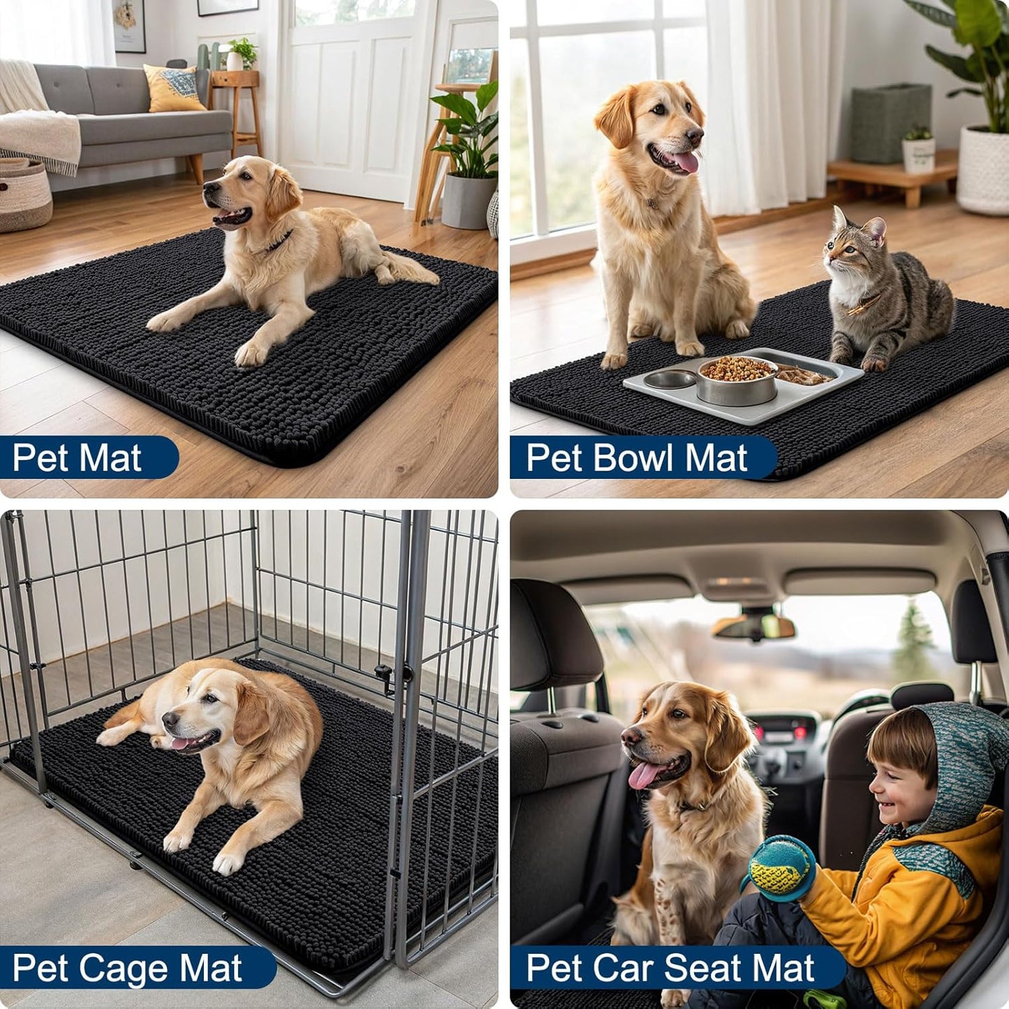 Smiry Dog Door Mat for Muddy Paws 71x46, Absorbs Moisture and Dirt Doormat, Non-Slip Washable Quick Dry Chenille Front Door Mat Indoor Entrance, Entryway Carpet for Inside Floor, Black