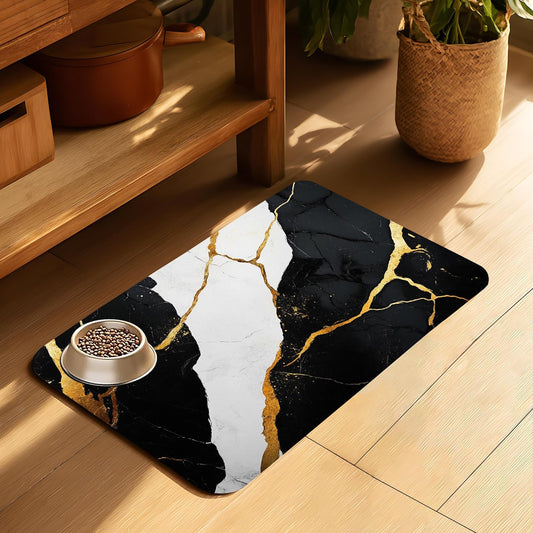 Black Gold Marble Dog Cat Food Mat-Absorbent Placemat for Food and Water Bowl, Waterproof Non Slip Rubber Backing Dog Food Mats for Floors, Pet Supplies 12 * 20 inch