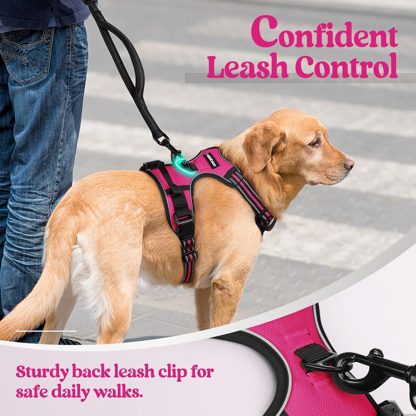rabbitgoo Dog Harness No Pull with 2 Leash Clips, Adjustable Soft Padded, Reflective Oxford No Choke Pet Vest with Easy Control Handle for Large Dogs, Hot Pink, S