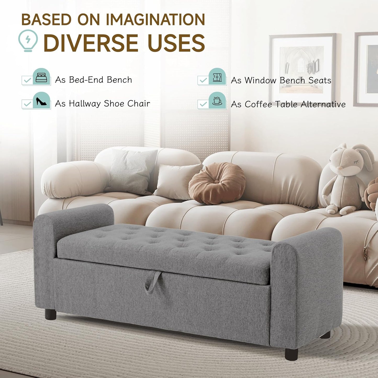 Ottoman with Storage, Tufted Storage Bench for Bedroom, 48" Fabrics End of Bed Bench, Upholstered Entryway Shoe Benches with Rolled Arm & Inner Zipper, Window Ottomans Chest without Rivets, Dark Grey