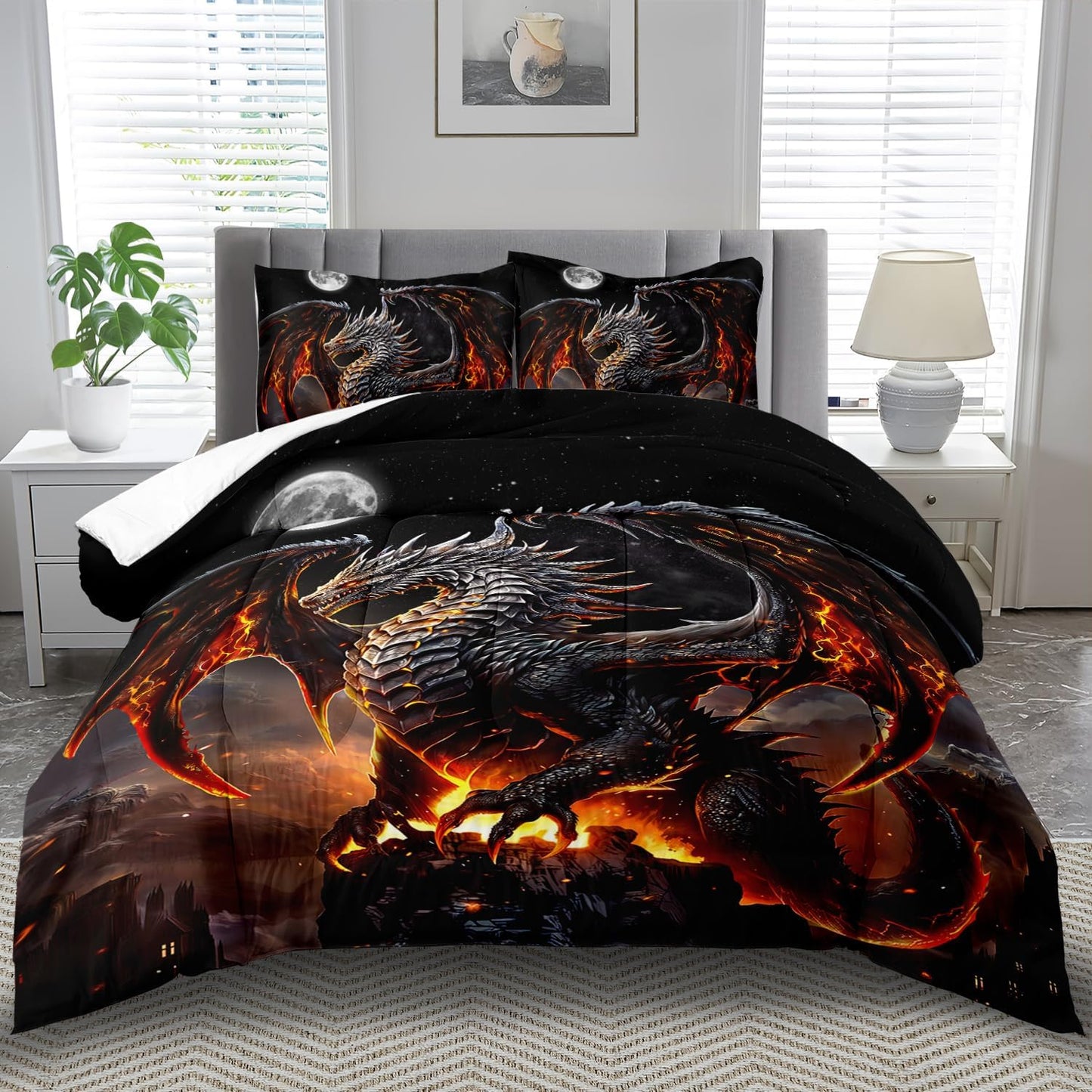 Black Dragon Comforter Set Full Adult,Flame Dragon Bedding Set for Boys,Magical Beast Bedding Fantasy Animal Comforter Beedroom Decor,Magical Beast Quilt Bed Decor