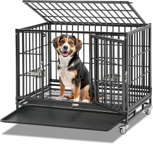 36 Inch Collapsible Dog Crate, Heavy Duty Dog Cage for Small/Medium Dogs, 2-Door Dog Kennel with Top Access, Lockable Wheels, Tray & Metal Floor Grid