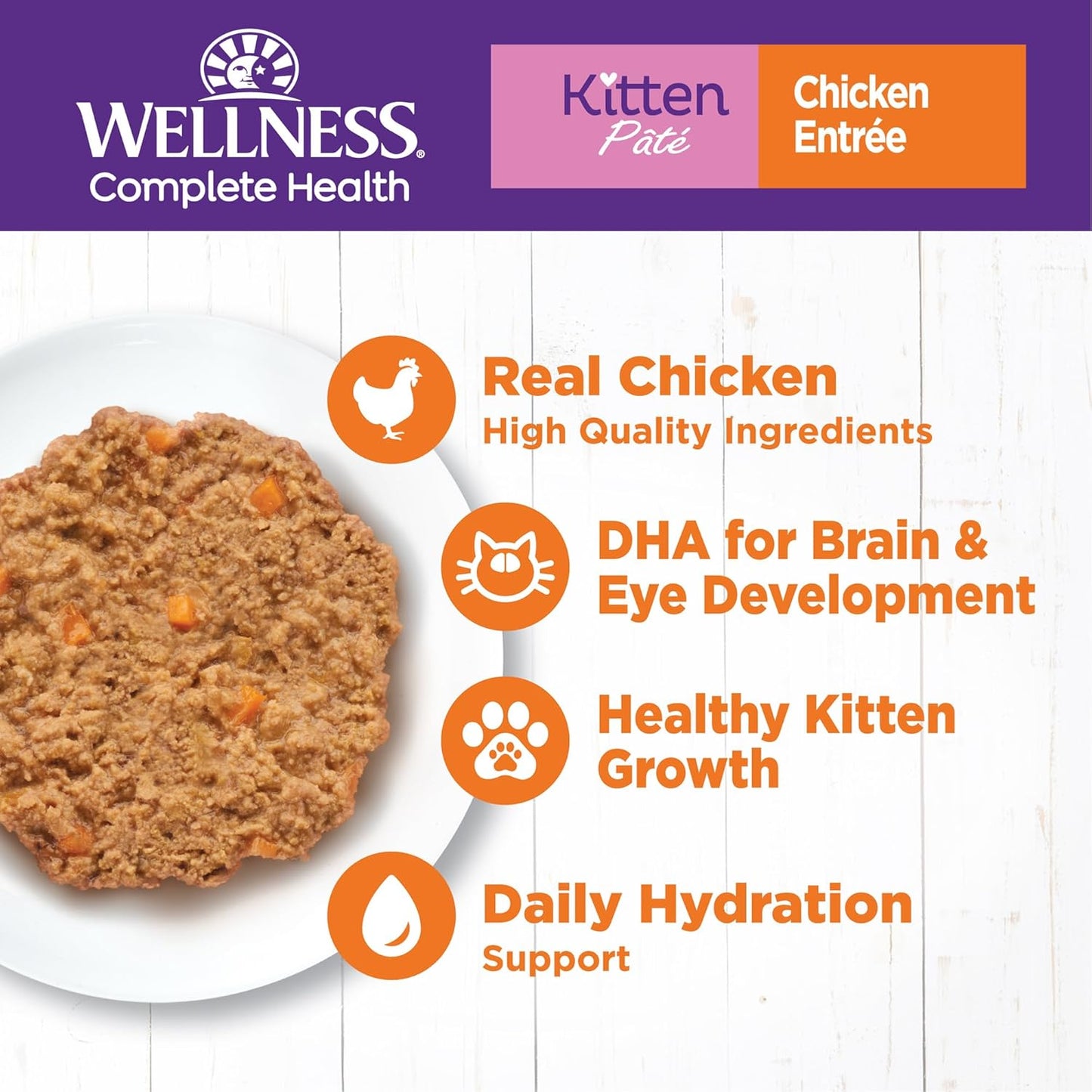Wellness Complete Health Pate Kitten Wet Cat Food, Natural, Protein-Rich, Grain Free, 5.5 Ounce, 24 Pack, (Chicken)