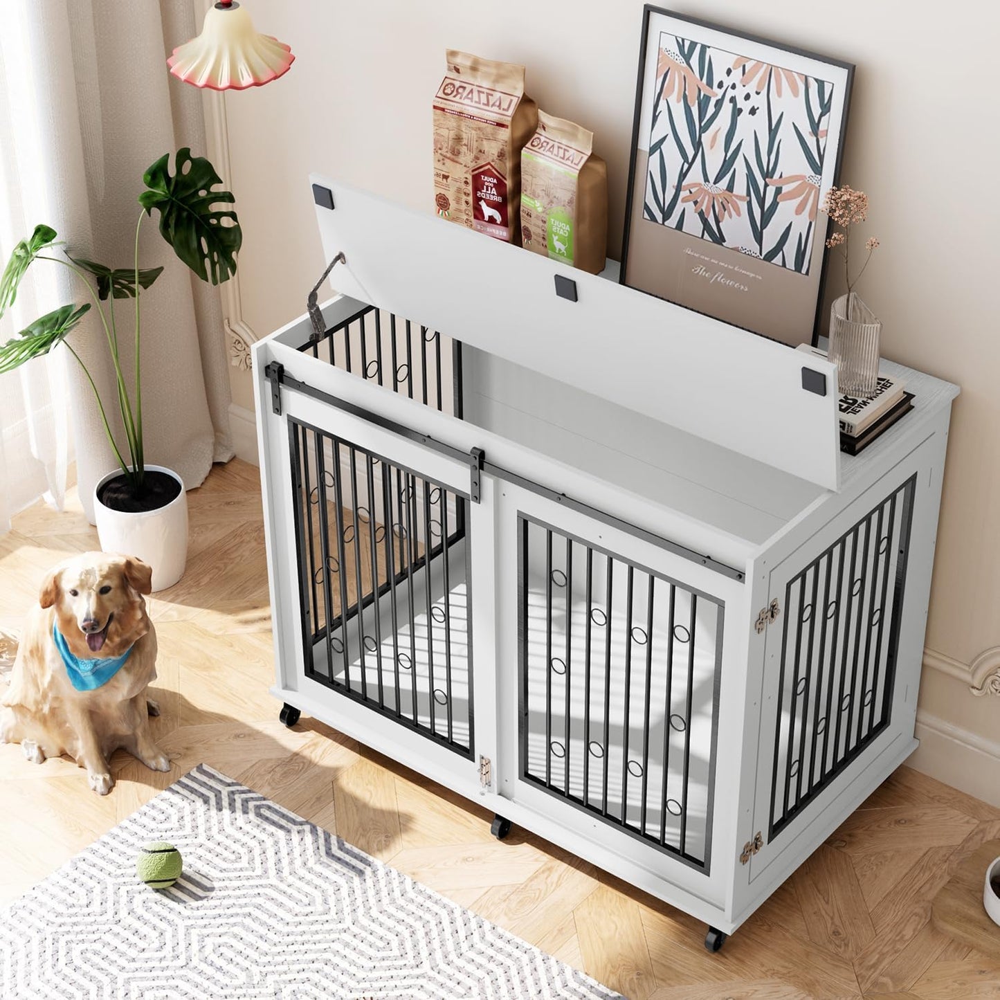 IchbinGo Large Dog Crate Furniture, 47" Wooden Dog Kennel with Sliding Barn Door, Flip-Top Lid & Wheels, Indoor Pet Crate Table with Detachable Divider for Small/Medium/Large Dogs (White)