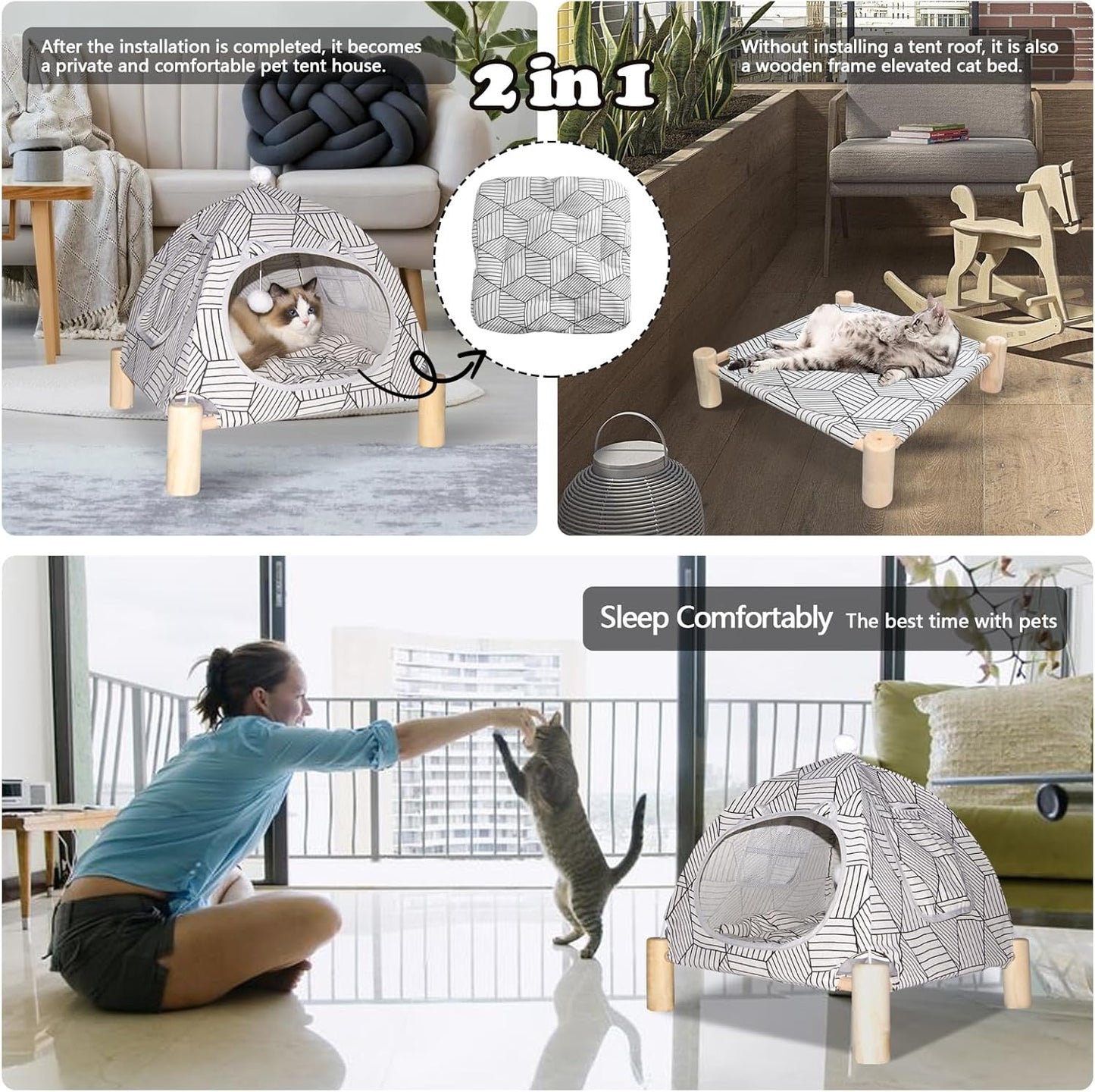 2-in-1 Elevated Cat Tent Cat House, Quick Assembly and Disassembly, Portable Indoor/Outdoor Cute Cat Bed Cave-White Diamond Pattern