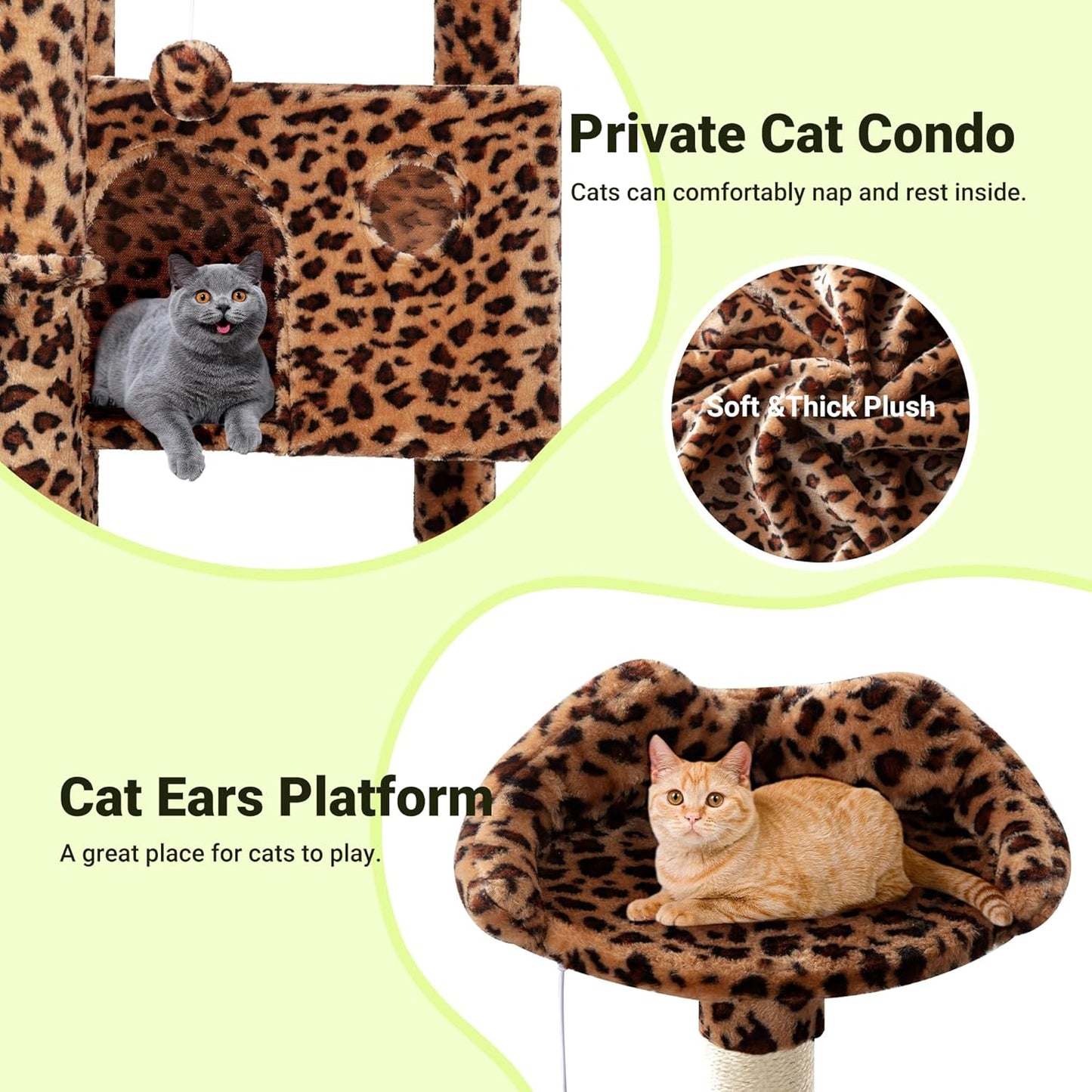 Allewie 64 Inches Cat Tree Tower/Multi-Level Activity Center for Indoor Big Felines/2 Plush Condos/2 Perchs/Basket/House/Sisal Scratching Posts/Hanging Cat Toys/Leopard Print
