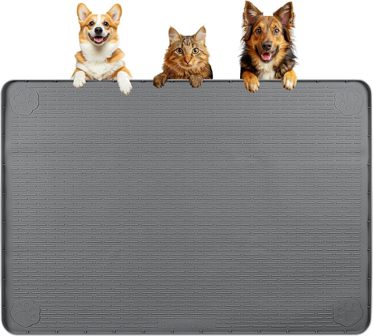 Dog Food Mat, Extra Large 40" x 28" Silicone Pet Feeding Mat with Raised Edge Pet Placemat for Small, Medium, and Large Pets Non-Slip, Easy to Clean (Dark Grey)