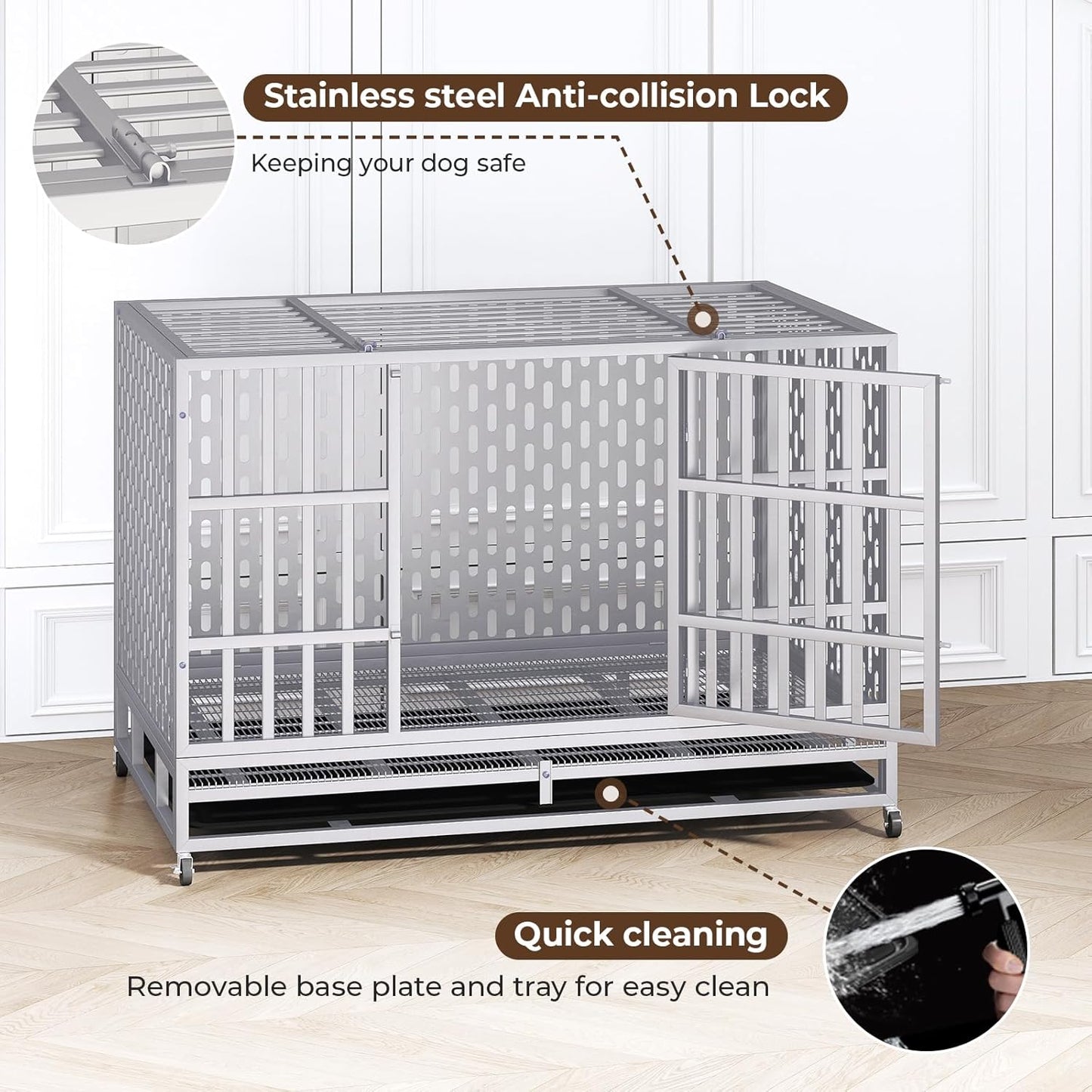 48 Inch Heavy Duty Indestructible Dog Crate Steel Escape Proof, Indoor Double Door High Anxiety Cage, Kennel with Wheels, Removable Tray,Silver,Extra Large XL XXL
