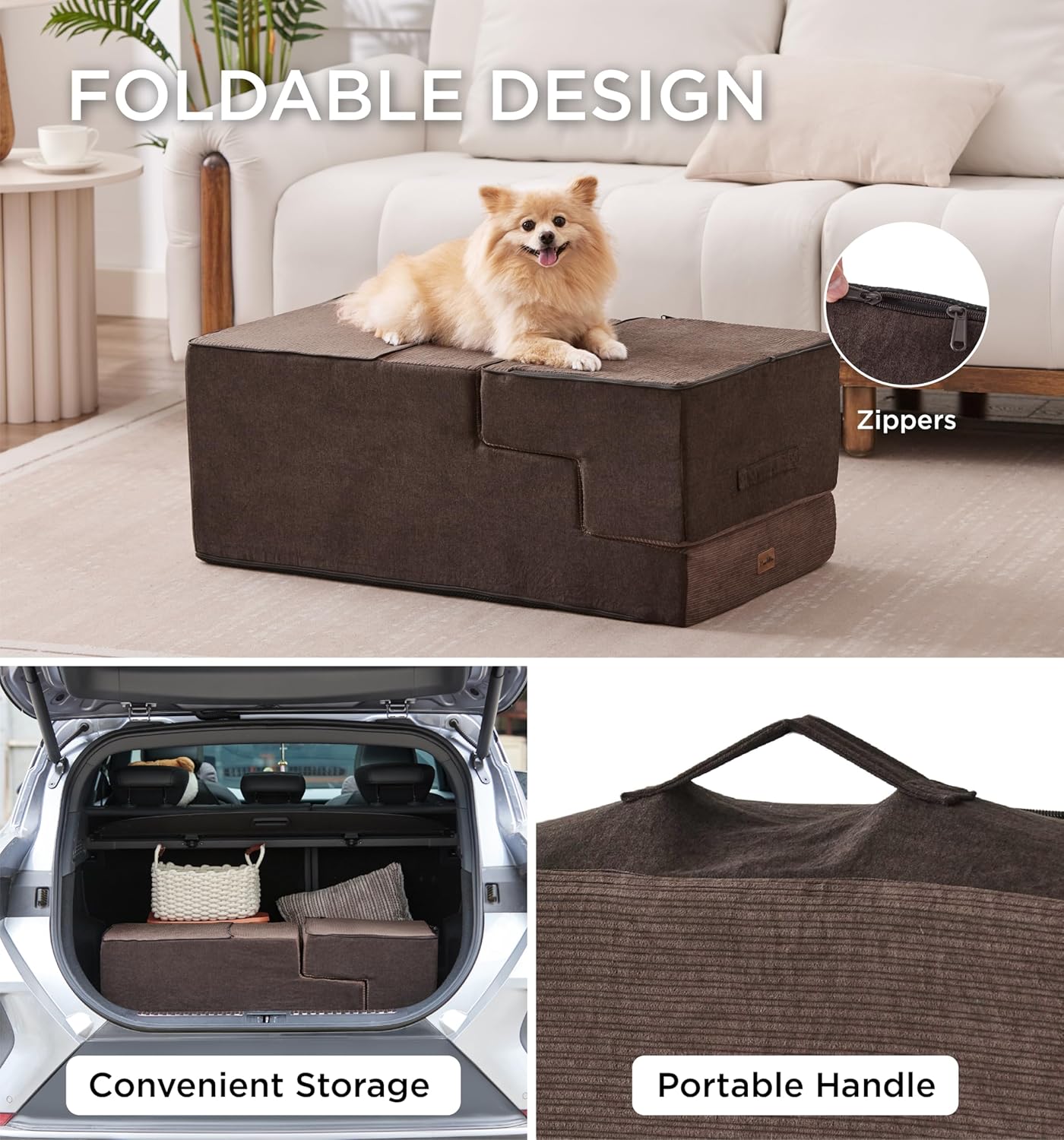 Made4Pets Dog Steps for Bed, Extra Wide Dog Stairs for High Bed Couch Sofa, 35D Foam Pet Steps for Small Dogs and Cats, Non-Slip Bottom Pet Stairs, Brown, 4 Steps