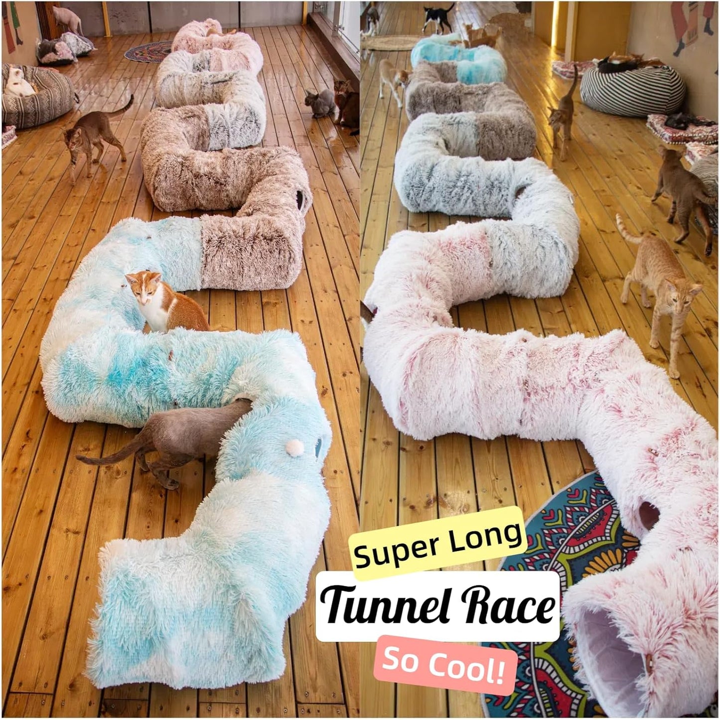 XxingSheep 4 Cave Shuttled XL Cat Tunnel Bed for Indoor Cats Peekaboo Toy Donut with Warm Mat, Pinkish White