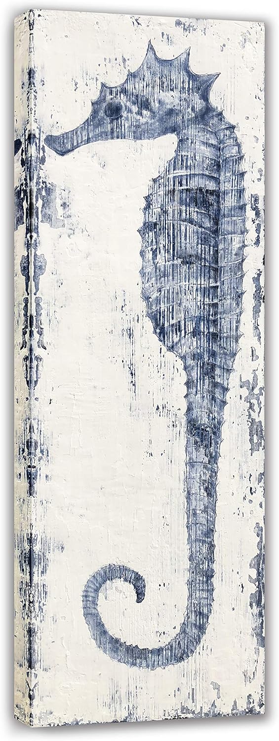 Yihui Arts, Seahorse Hand-Painted Wall Art on Canvas Abstract Artwork Art Wood Stretched Hanging Wall Decoration Sea Style Blue Painting for Home Decor