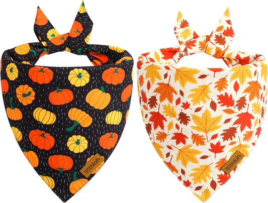 Fall Dog Bandanas - 2 Pack Halloween Thanksgiving Dog Bandana | Reversible Pumpkin and Leaf Pet Scarf for Boy & Girl | Premium Durable Fabric | Holiday Bandana for Medium and Large Dogs (Large)