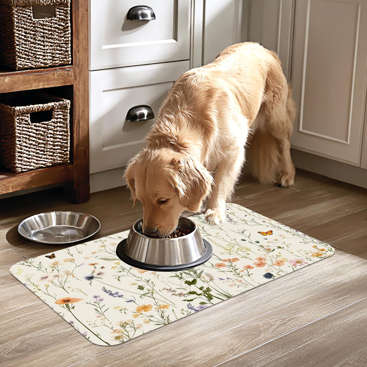 Vintage Wildflowers Herbs Pet Feeding Mat for Floors-Absorbent Dog Bowl Mat for Food and Water, Quick Dry Pet Cat Feeding Mats with Non Slip Bottom, Mess-Free Dog Accessories 12"x20"