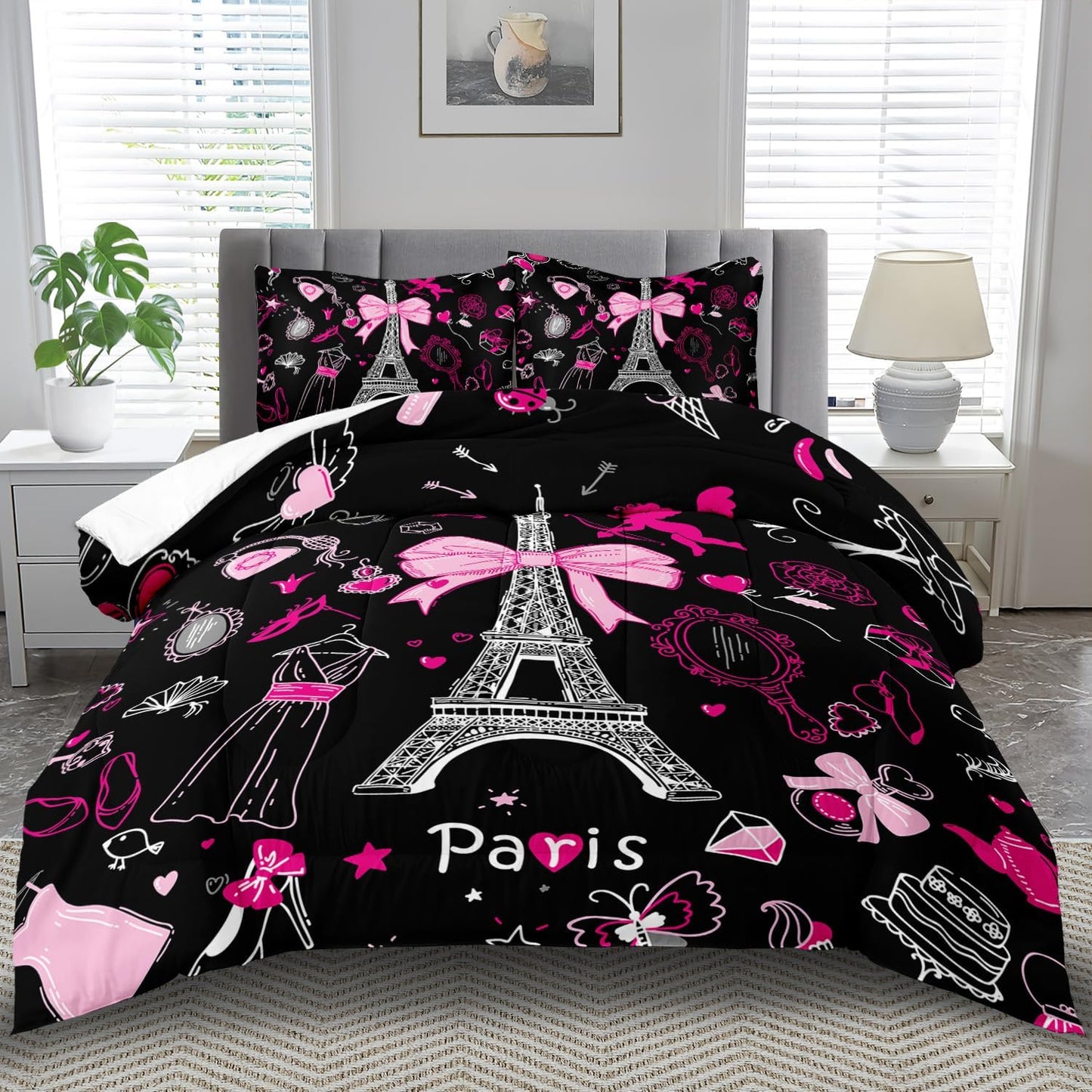Eiffel Tower Comforter Set Twin Size,Eiffel Tower Bedding Set for Girls, Pink and Black Paris Themed Comforter Bedroom Decor,Paris Quilt French Style Romantic Bedding