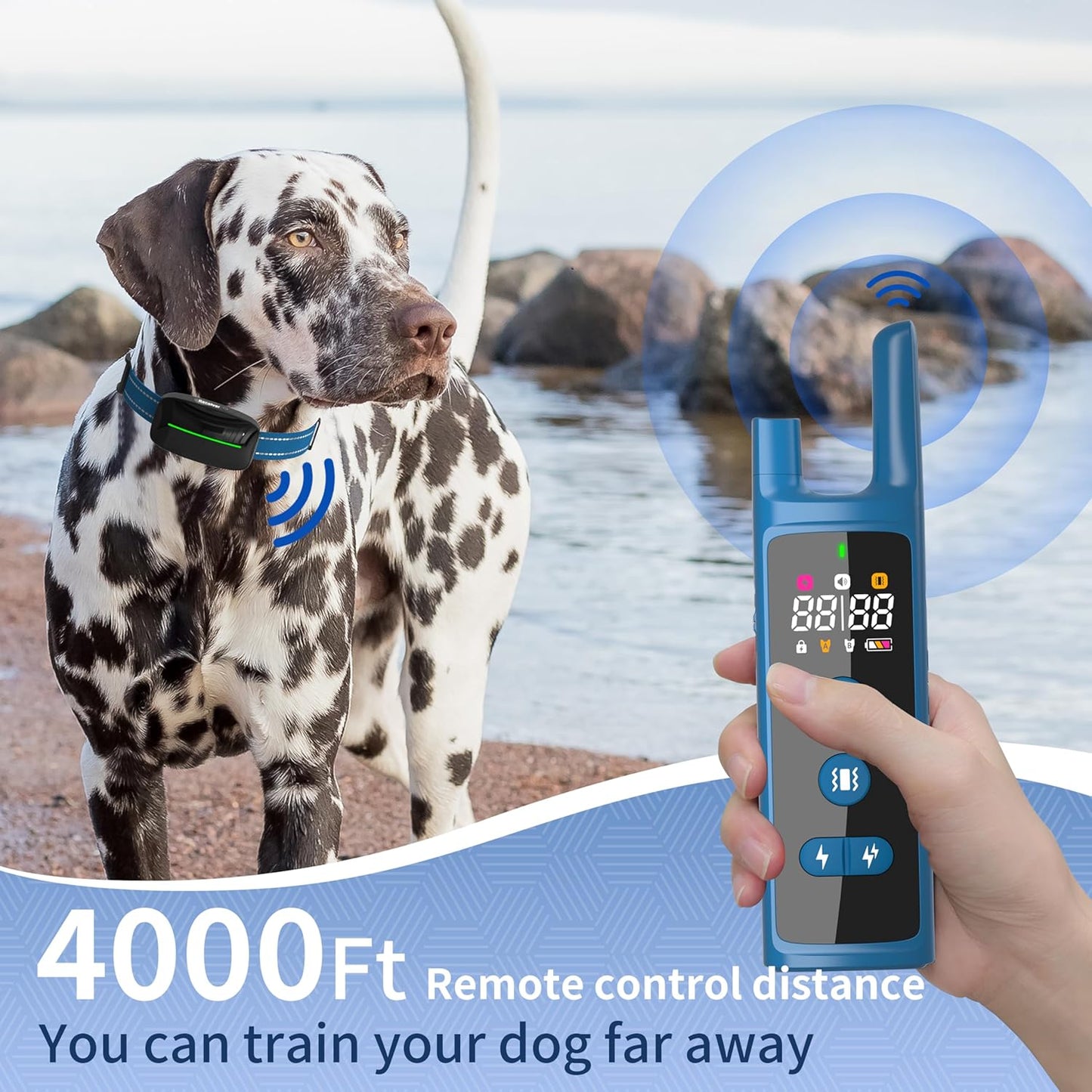 Dog Training Shock Collar 4000FT Dog Bark Collar with Remote IP67 Waterproof 4 Training Modes Beep Vibration Shock Light Mode Magnetic Charger Electric Dogs Collar 8-25 inches Double Shock Sea Blue