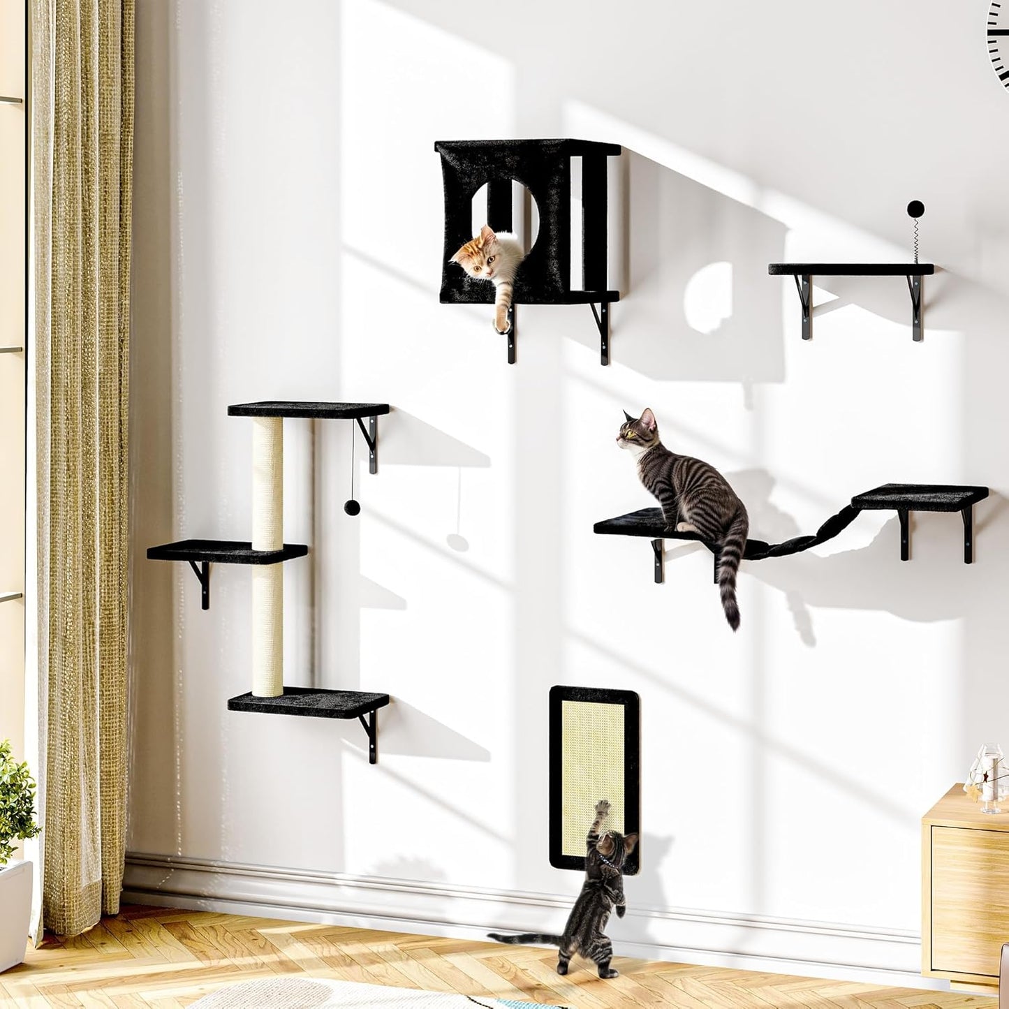 NUNU LAB Wall Mounted Cat Furniture, 5 Pcs Cat Wall Shelves with House, Bridge, Steps, Scratching Post, Shelves, Indoor Safe & Stable Furniture for Kittens Play, Black