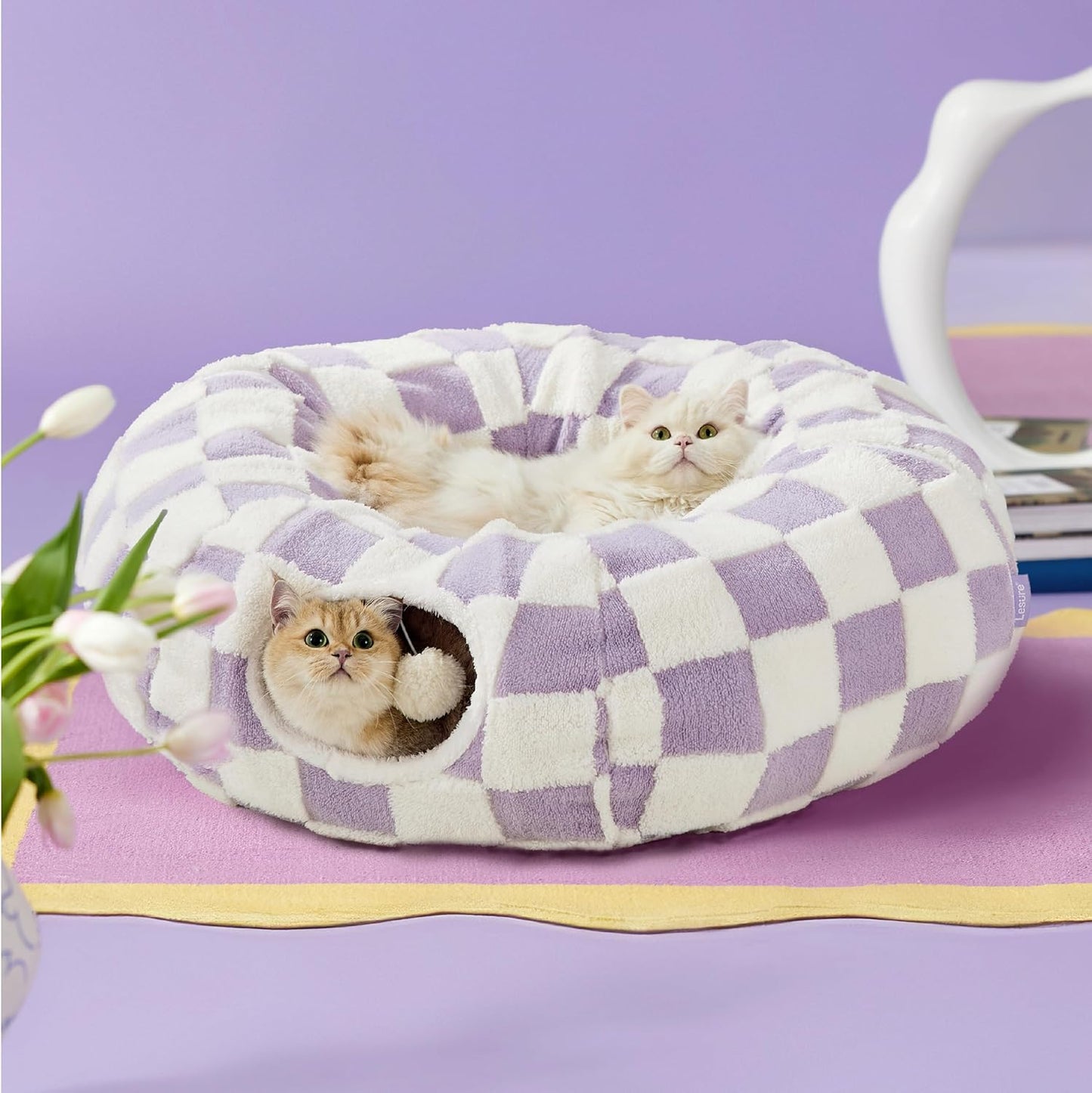 Lesure Cat Tunnel Bed for Indoor Cats - Cute Cat Donut Tunnel Toys for Small Large Cats with Washable Circle Cushion, Round Pet Peekaboo Cave Toy for Kitten/Puppy/Rabbit, Standard Purple