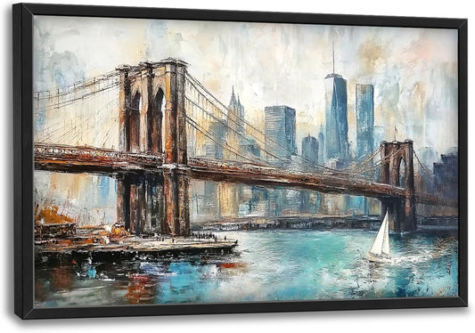 Extra Large Framed Brooklyn Bridge Wall Art,New York City Wall Decor,Abstract Skyline Cityscape Pictures for Living Room,Canvas Print Painting Modern Artwork Bedroom Office Bathroom 36L x24W