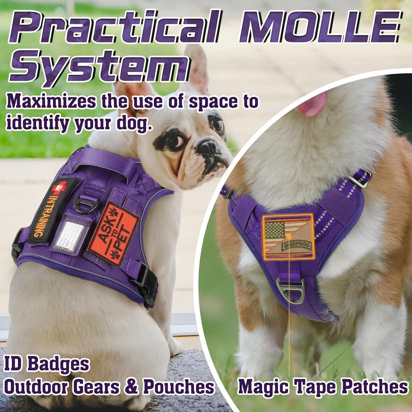 rabbitgoo Tactical Dog Harness for Large Dogs, No Pull Military Service Vest with Handle & Molle, Easy Control for Training Walking, Adjustable Reflective Straps, Purple, L