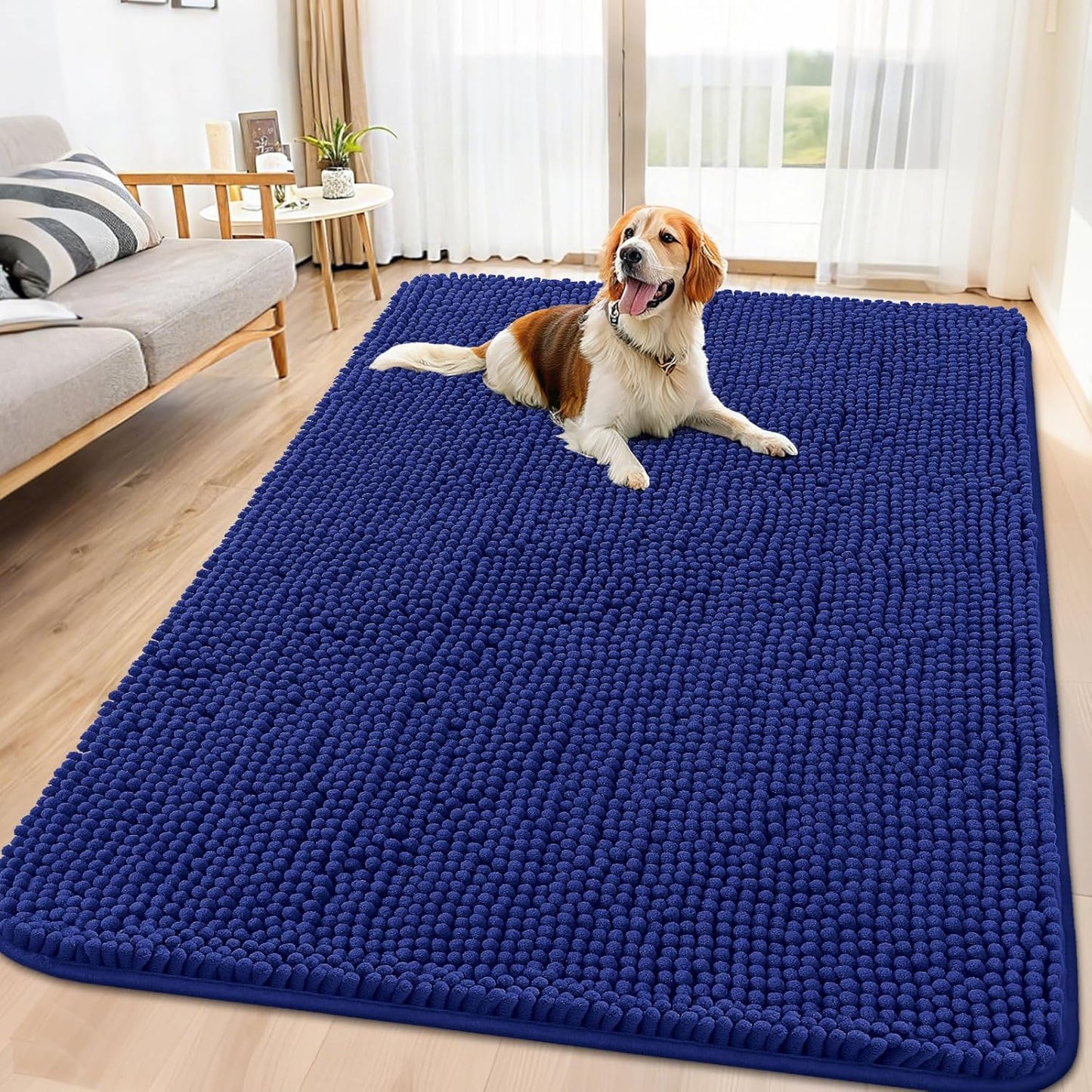 Smiry Dog Door Mat for Muddy Paws 71x46, Absorbs Moisture and Dirt Doormat, Non-Slip Washable Quick Dry Chenille Front Door Mat Indoor Entrance, Entryway Carpet for Inside Floor, Navy Blue