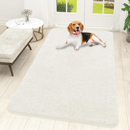 OLANLY Dog Door Mat for Muddy Paws 59x32, Absorbs Moisture and Dirt, Absorbent Non-Slip Washable Doormat, Quick Dry Chenille Mud Mat for Dogs, Entry Indoor Entryway Carpet for Inside Floor, Ivory