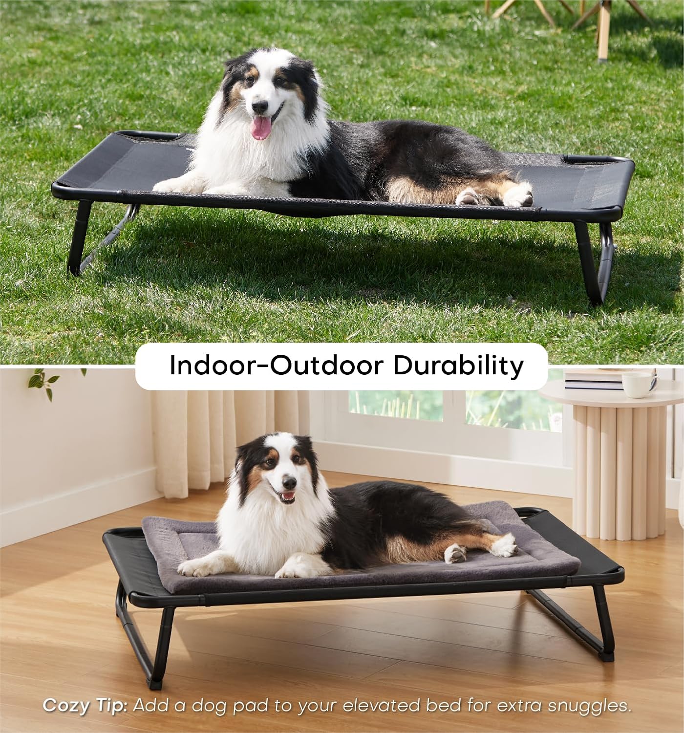 Made4Pets Elevated Outdoor Dog Bed for Extral Large Dogs – Heavy-Duty Raised Cot with Breathable Cooling Mesh, No-Slip Feet, Chew-Resistant Frame, Indoor & Outdoor Pet Hammock, 49"x32", Black