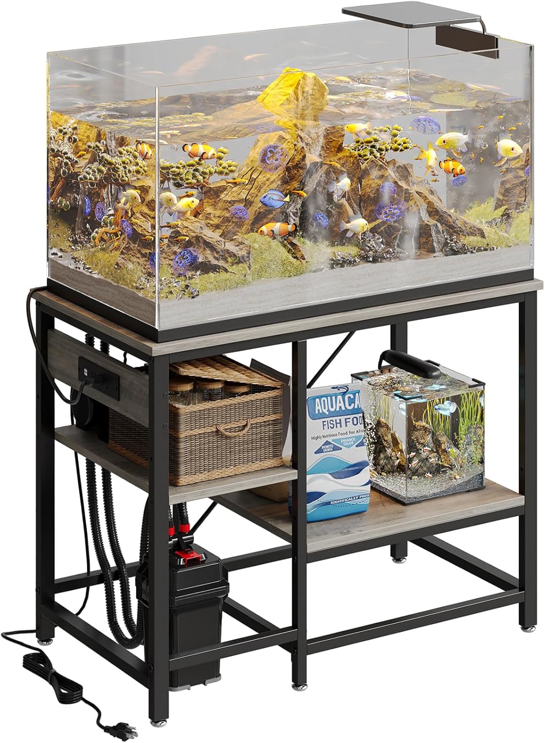 40-50 Gallon Fish Tank Stand with Charging Station, 36x19 Metal Aquarium Stand with 3-Tiers Adjustable Storage Shelves, 6-Legs Reptile Terrarium Stand, 660 LBs