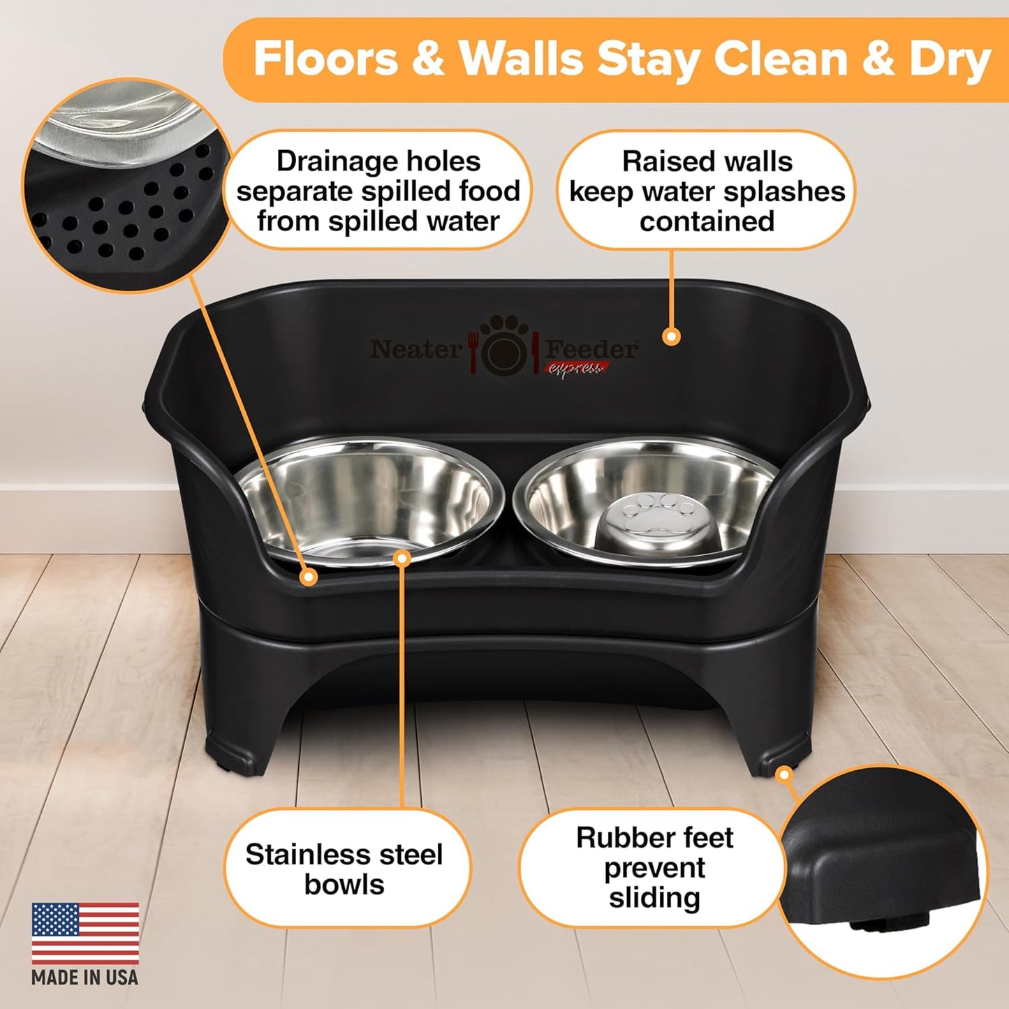 Neater Feeder - Express Model w/ Slow Feed Bowl - Mess-Proof Dog Bowls (M/L, Black) Made in USA – Elevated, No Spill, Non-Tip, Non-Slip, Raised Stainless Steel Food/Water Pet Bowls Aid Digestion