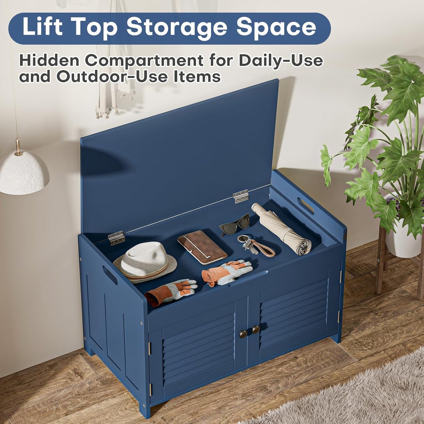 Shoe Storage Bench with Lift Top Storage, Entryway Bench with Cushioned Seat, Adjustable Shelf, 2 Tier Shoe Rack with Doors for Entryway, Bedroom, Hallway, Mudroom, Blue