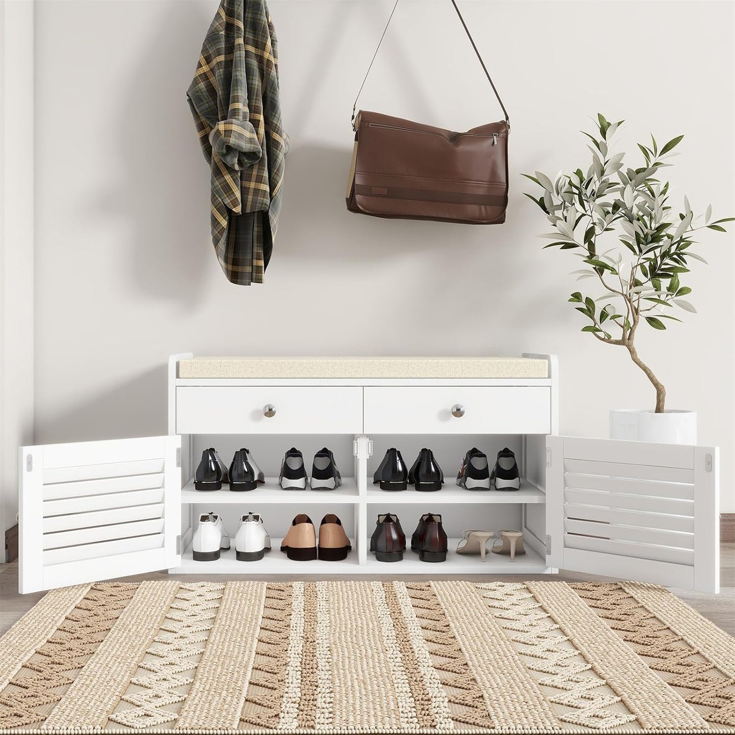 Shoe Storage Bench with 2 Drawers & 2 Doors, Entryway Bench with Cushion, 2 Adjustable Shelves, Shoe Cabinet for Entryway, Living Room, Hallway, Mudroom, Bedroom, White
