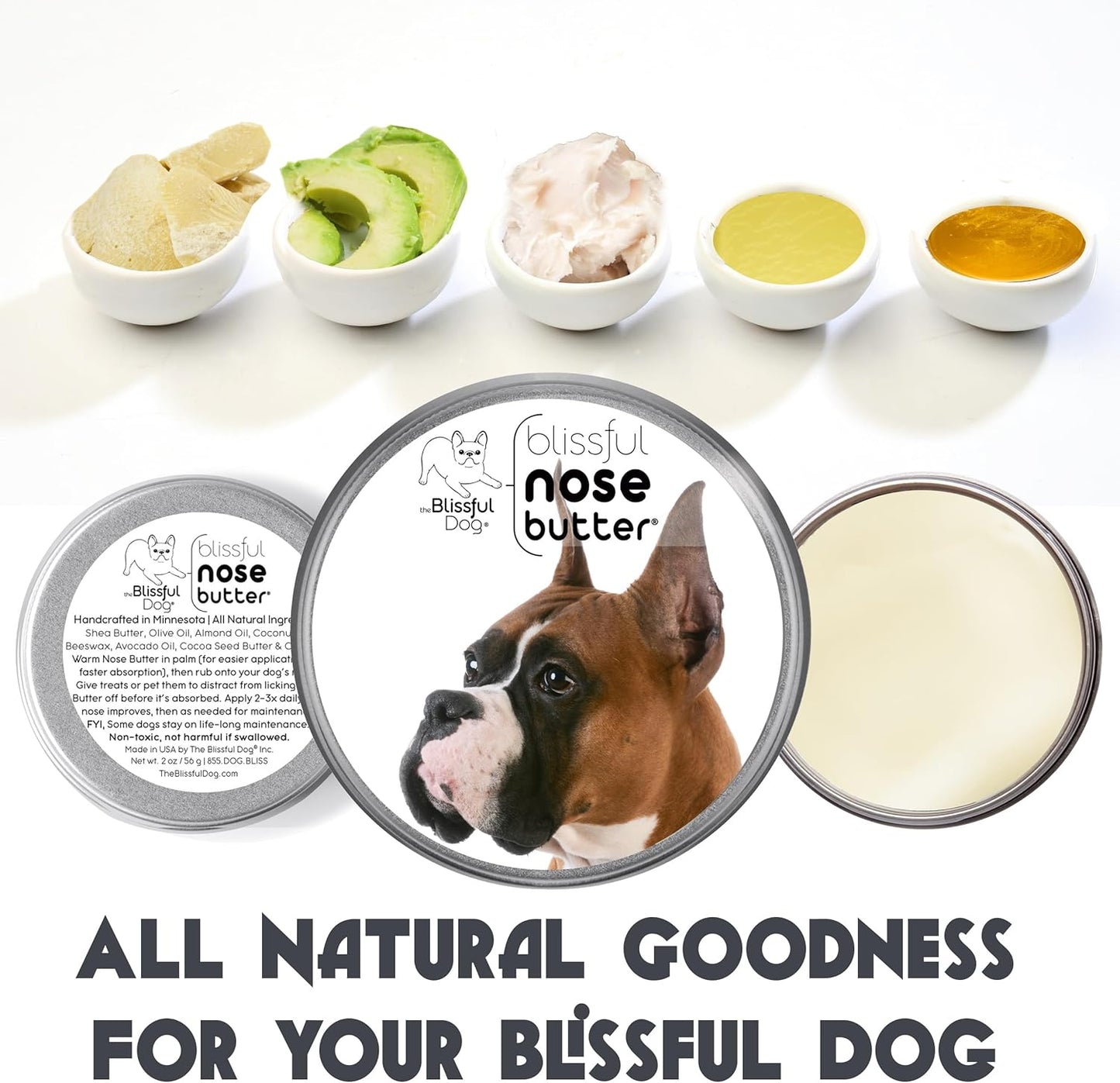 The Blissful Dog Show Boxer Nose Butter for Dry, Cracked Skin, Lick-Safe Dog Nose Balm with Moisturizing Shea Butter, Almond, Olive, and Essential Oils, Pet Supplies, Uncented, 8 oz.