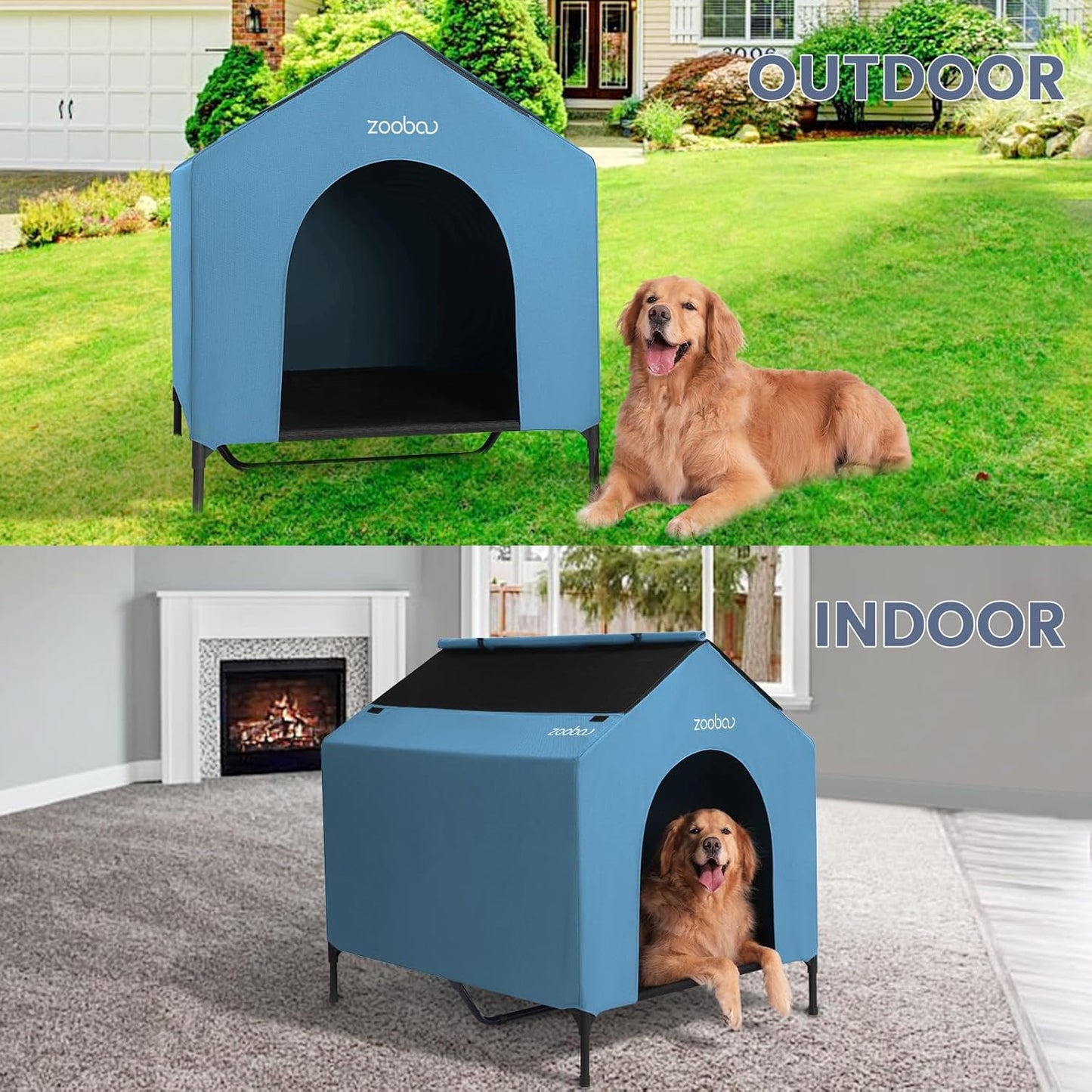 42" 2-in-1 Dog House for Medium Dogs, Elevted Dog House Outdoor/Indoor, Puppy Shelter Outside,Water Resistant 600D PVC and Durable 2x1 Textilene Raised Dog Bed(Blue)