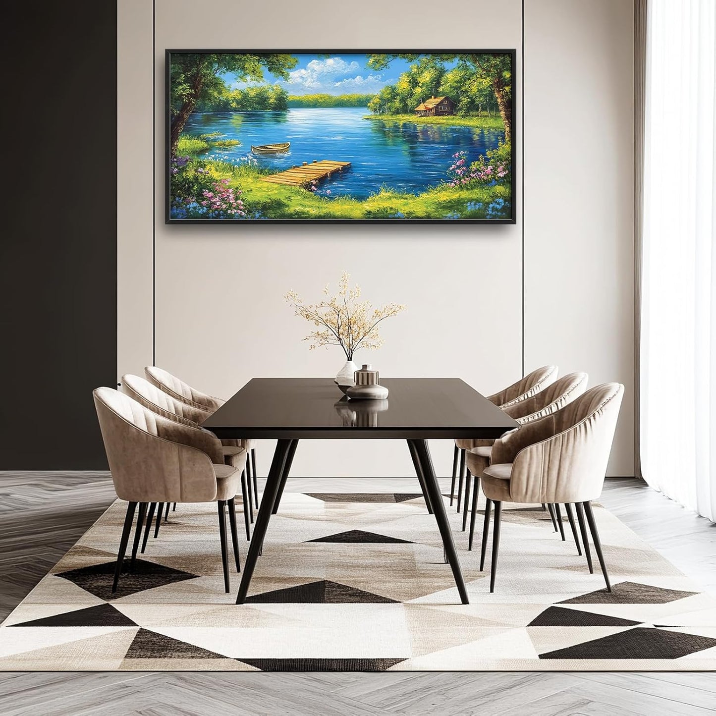 Large Lake Cabin Wall Art for Living Room, Framed Oversized Tree Boat Wildflowers Wall Decor Nature Landscape Canvas Painting Modern Artwork for Bathroom Bedroom Office Dining Room 60"x30"