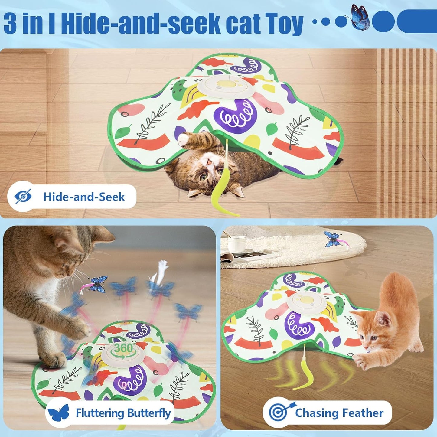 Interactive Cat Toy, Automatic Kitten Toys for Indoor Cats, Hide and Seek Cat Toy Kitten Wand Toy Cat Exercise Toys with Motion Activated, Moving Feather, Chirping
