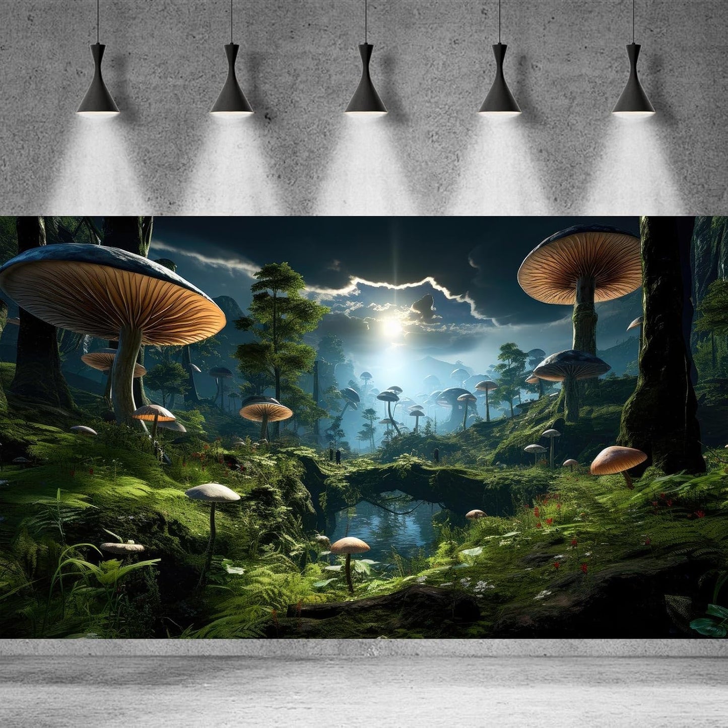 Fantasy Mushrooms Landscape Aquarium Background Tranquil Stream Cloudy Sky Terrarium Background Lush Green Tropical Plants Trees Fish Tank Backdrop Decoration Tank Background Poster 36x18in