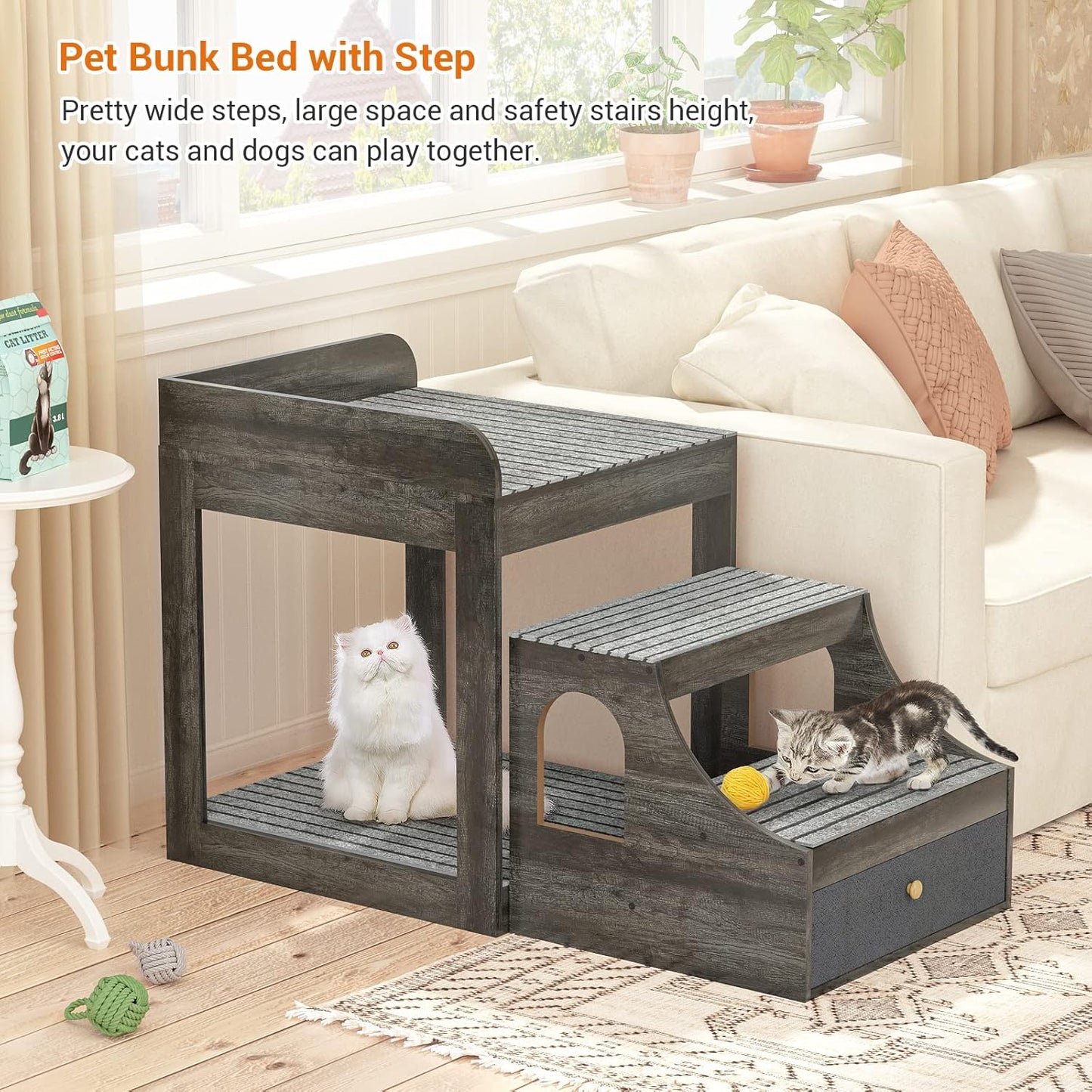 Cyclysio Super Large Multi-Level Pet Bunk Bed with Stairs, Mats, Drawers for Indoor Use, Grey