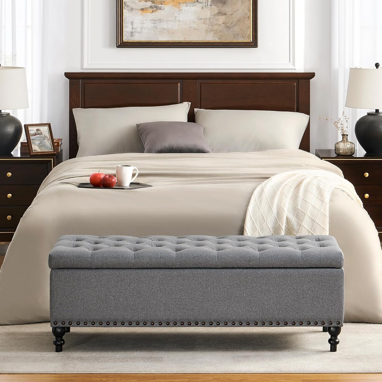 Ottoman with Storage,50.2-inch Upholstered End of Bed Storage Bench for Bedroom,for The Living Room,for Entryway, with Rivets & Button and Safety Hinges,Detachable (Grey)