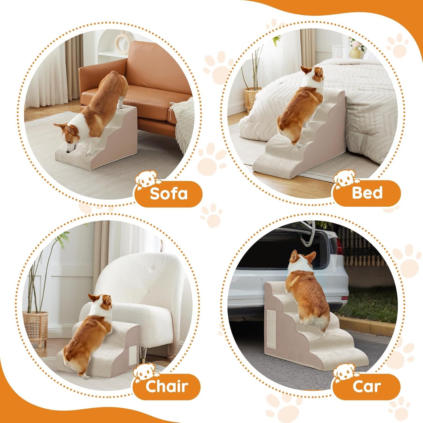 Dogs Steps for Bed, Dog Stairs for Small Dogs, 2-Step Dog Ramp for Bed, Couch, Sofa, and Chairs, Non-Slip Bottom Design, Cat Scratching, High Density Foam Portable Pet Step, Indoor, Beige