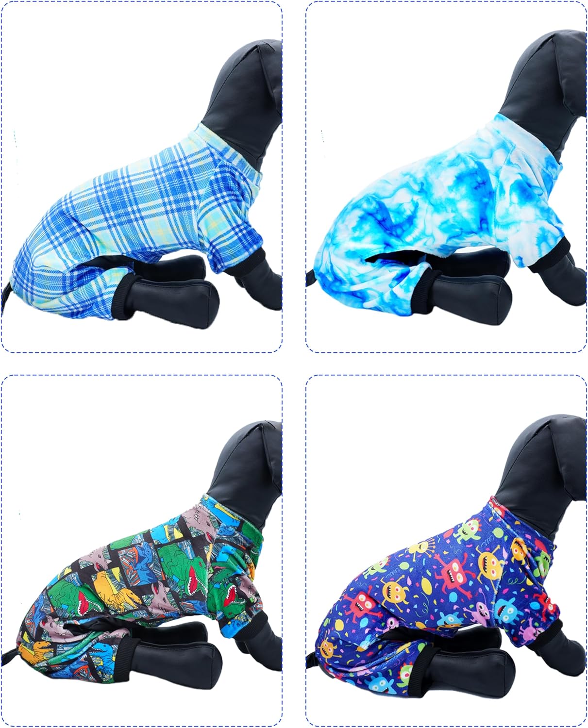 PET SHOW 4 Pack Small Dog Pajamas Cute Dinosaur Monster Clothes Doggies Soft Fleece Stretchy PJs Plaid Jumpsuit Puppy Cats Tie Dye Onesies Outfits with Sleeve Pets Dachshund Costume(XS, Blue for Boys)