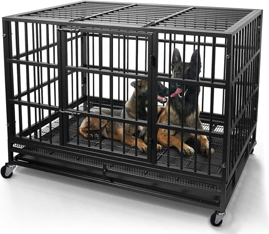 Oranland 48/38 Inch Heavy Duty Dog Crate Cage Kennel with Wheels, High Anxiety Indestructible, Sturdy Locks Design, Double Door and Removable Tray, Extra Large XL XXL