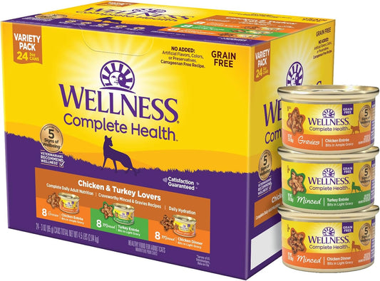 Wellness Complete Health Gravy & Minced Adult Wet Cat Food, Natural, Protein-Rich, Grain-Free, 3 Ounce, 24 Pack, (Chicken & Turkey Lovers Variety Pack)