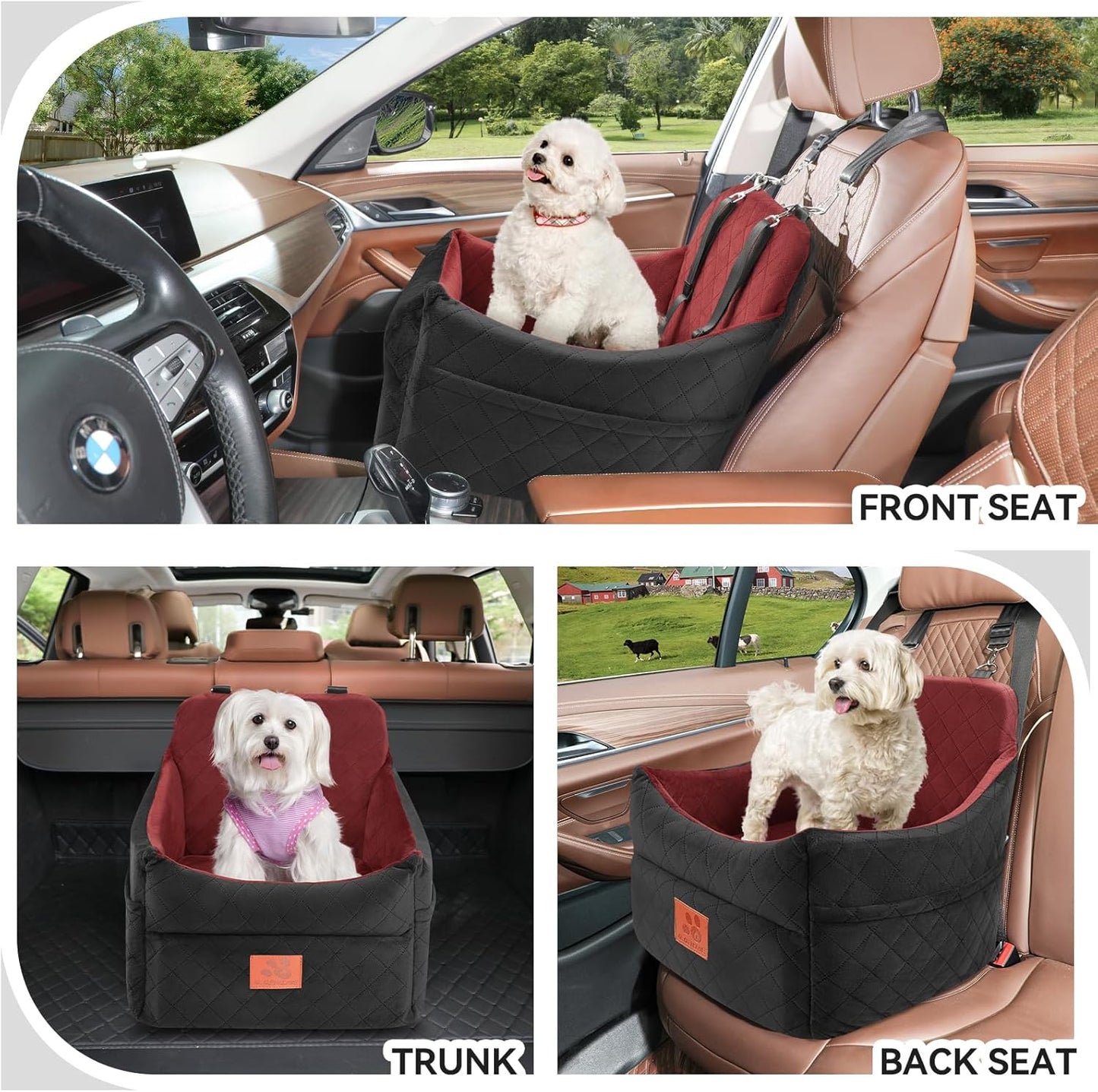 Dog Car Seat for Small/Medium Dogs, Dog Booster Car Seats with Thick Cushion for Dogs Under 35lbs, Detachable Washable Pet Car Seat with Storage Pockets, 2 Safety Belts(Black/Red)