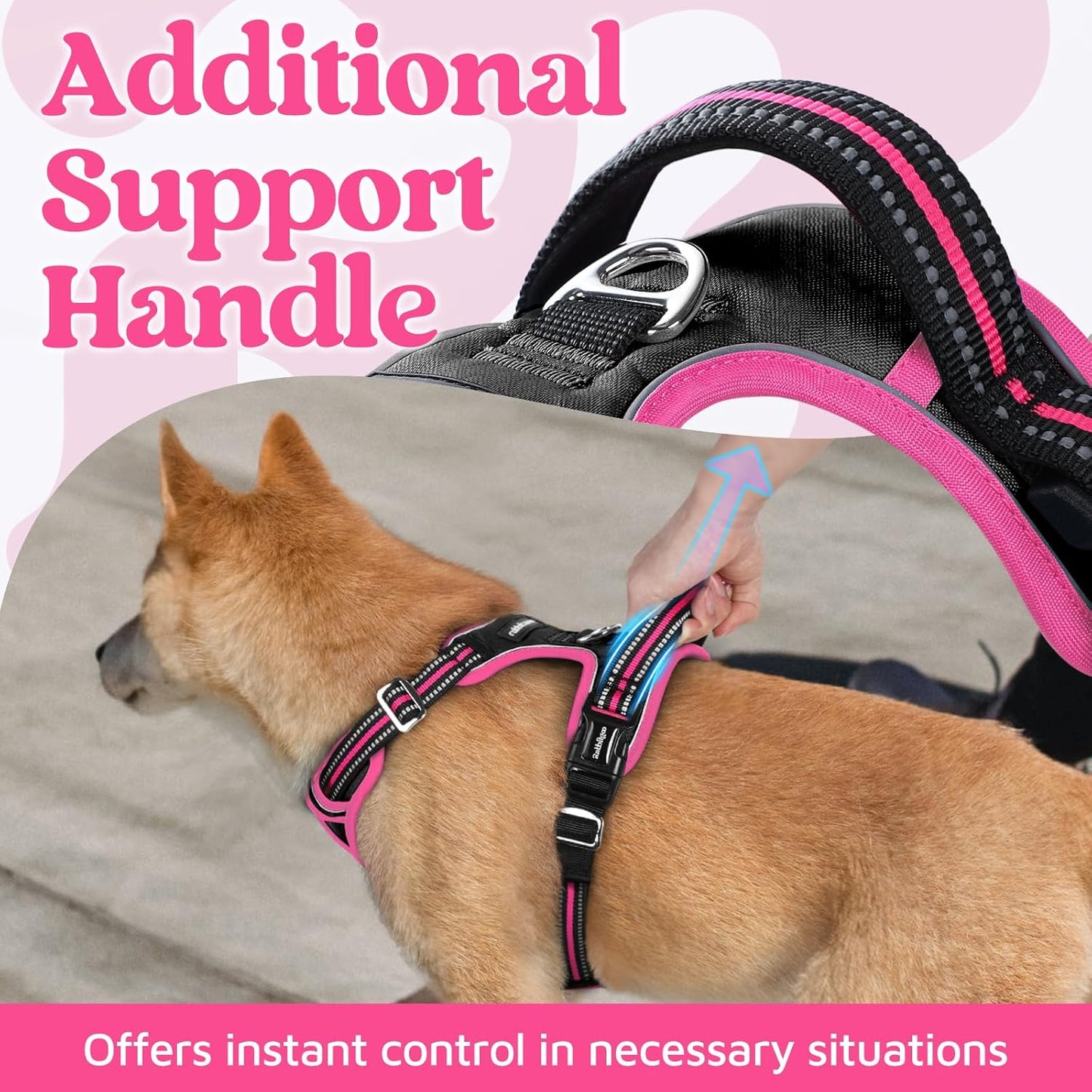 rabbitgoo Dog Harness Medium Sized, No Pull Dog Vest with 3 Buckles, Adjustable Soft Padded Pet Harness with Easy Control Handle and Reflective Strips, Black & Rose Pink, M